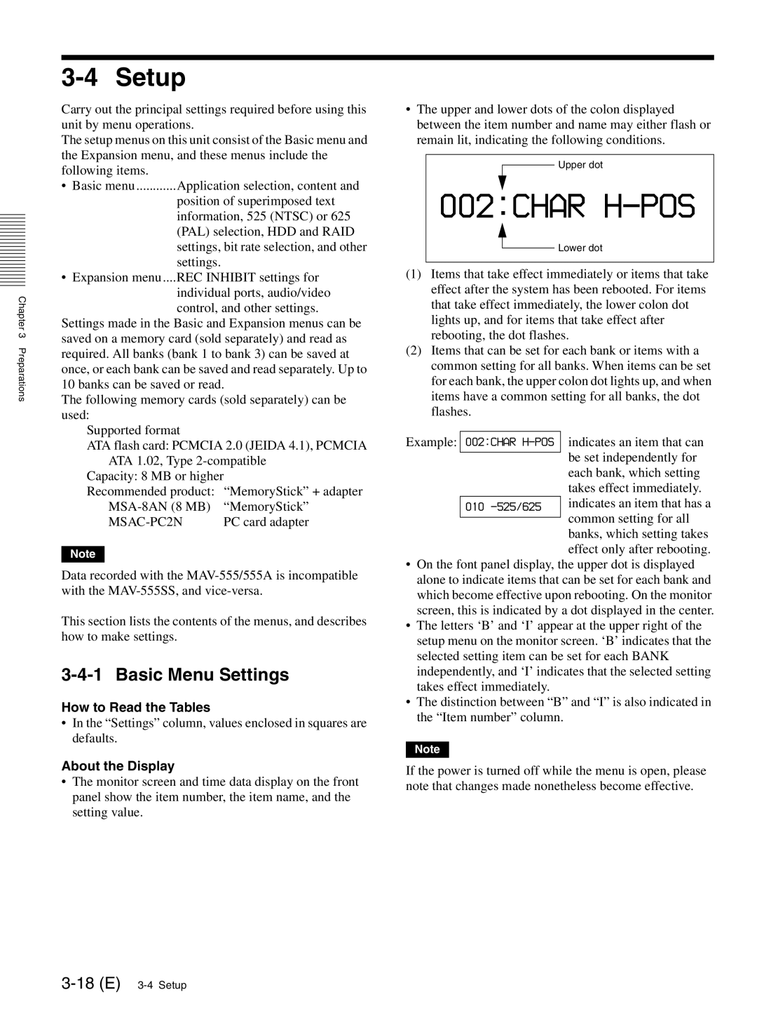 Sony MAV-555SS operation manual Basic Menu Settings, 18 E 3-4 Setup, How to Read the Tables, About the Display 