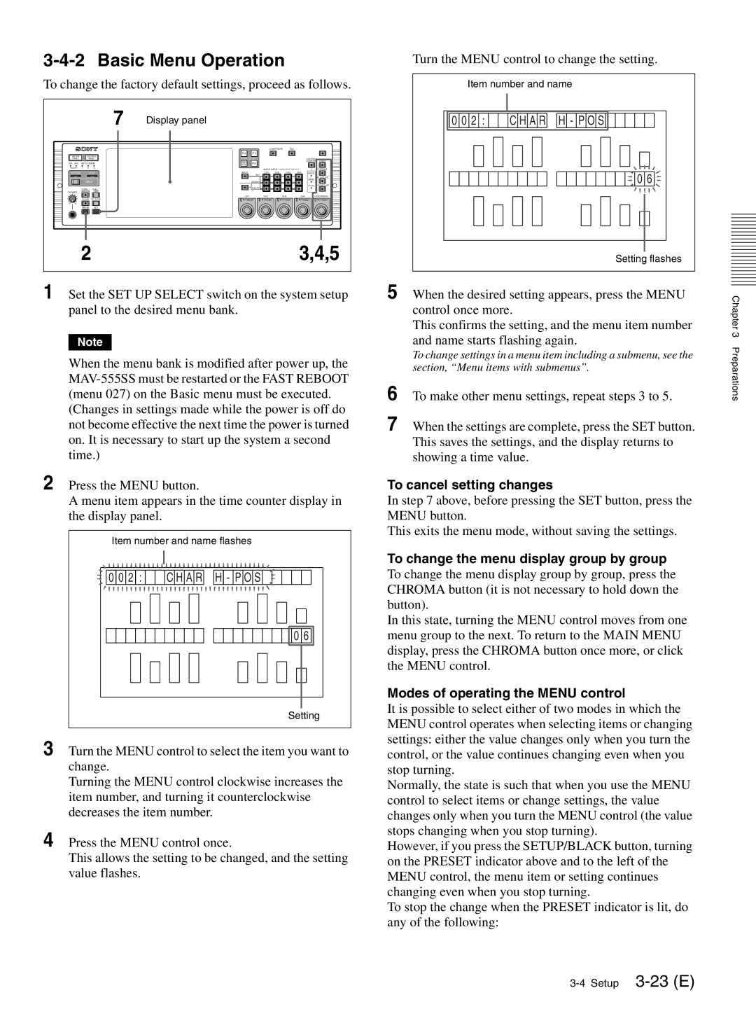 Sony MAV-555SS operation manual Basic Menu Operation, To cancel setting changes, Modes of operating the Menu control 