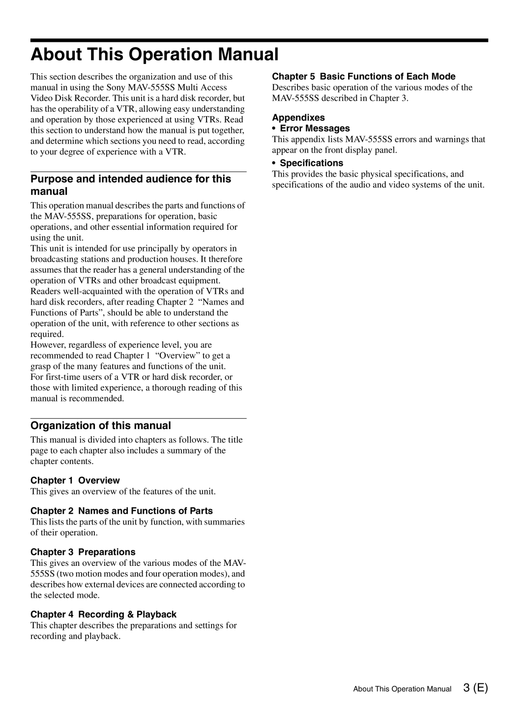 Sony MAV-555SS operation manual Purpose and intended audience for this manual, Organization of this manual 