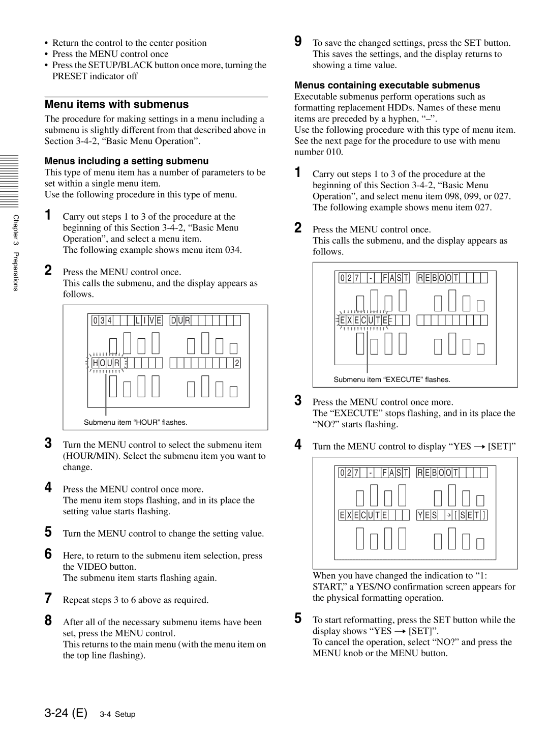 Sony MAV-555SS operation manual 24 E 3-4 Setup, Menu items with submenus, Menus including a setting submenu 