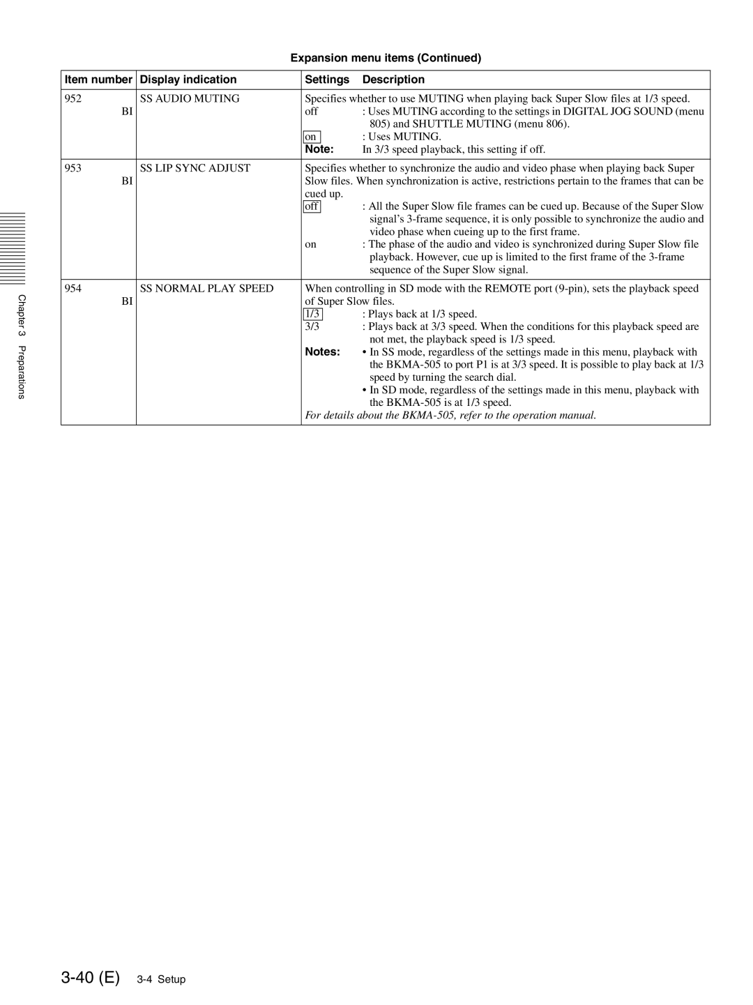 Sony MAV-555SS operation manual 40 E 3-4 Setup, SS Audio Muting, SS LIP Sync Adjust, SS Normal Play Speed 