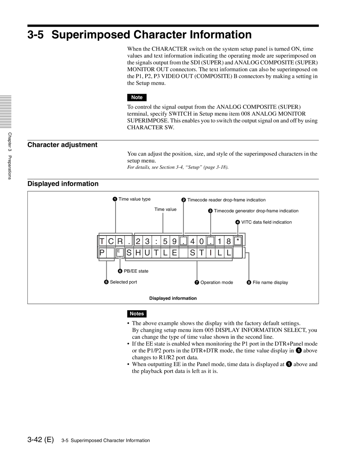 Sony MAV-555SS operation manual Superimposed Character Information, Character adjustment, Displayed information 