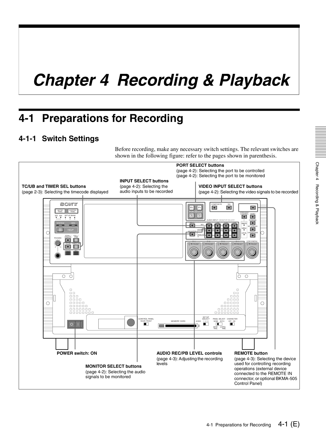 Sony MAV-555SS operation manual Preparations for Recording, Switch Settings 