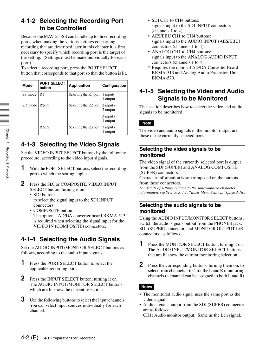 Sony MAV-555SS Selecting the Recording Port to be Controlled, Selecting the Video Signals, Selecting the Audio Signals 