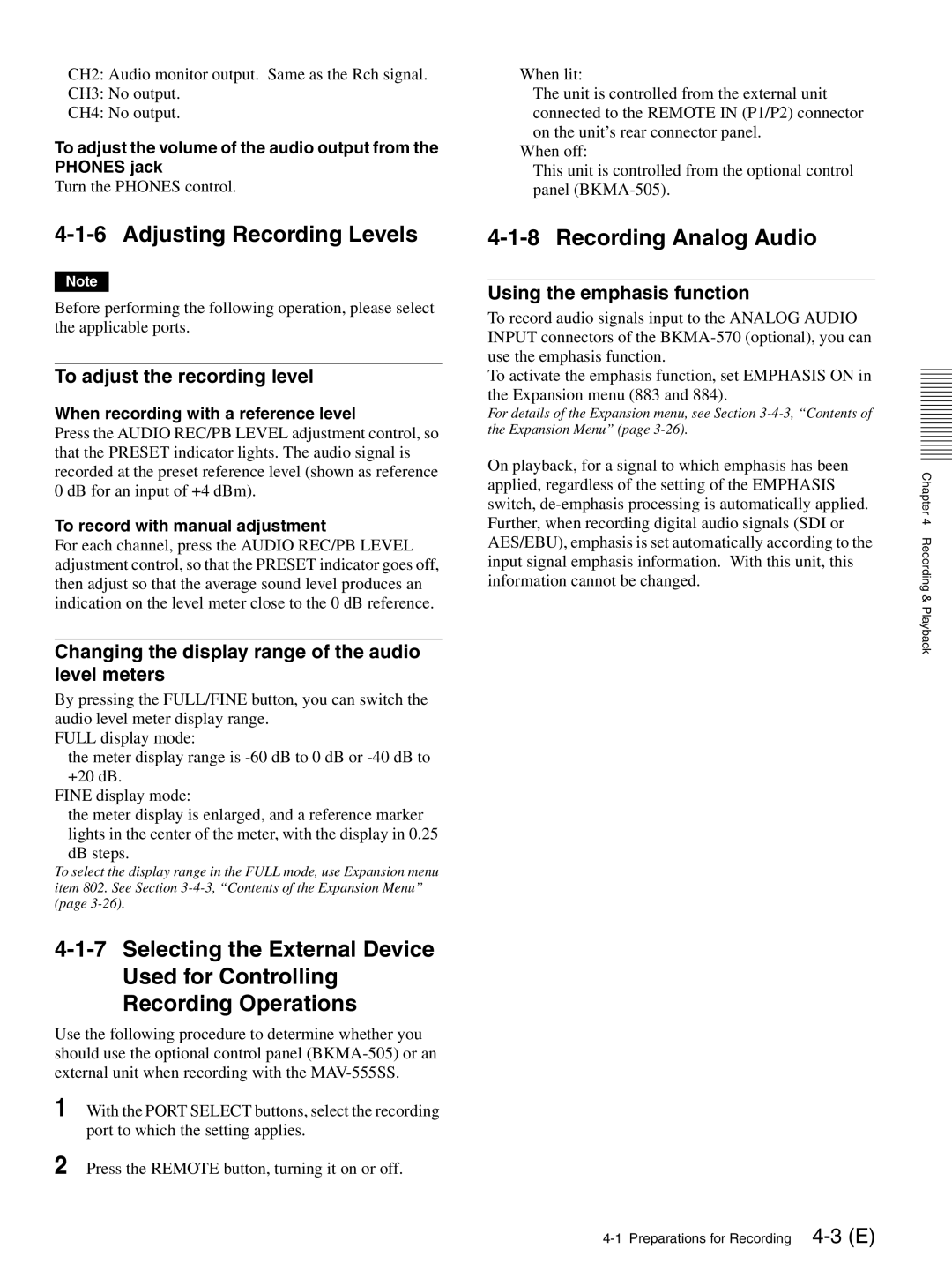 Sony MAV-555SS operation manual Adjusting Recording Levels, Recording Analog Audio, To adjust the recording level 