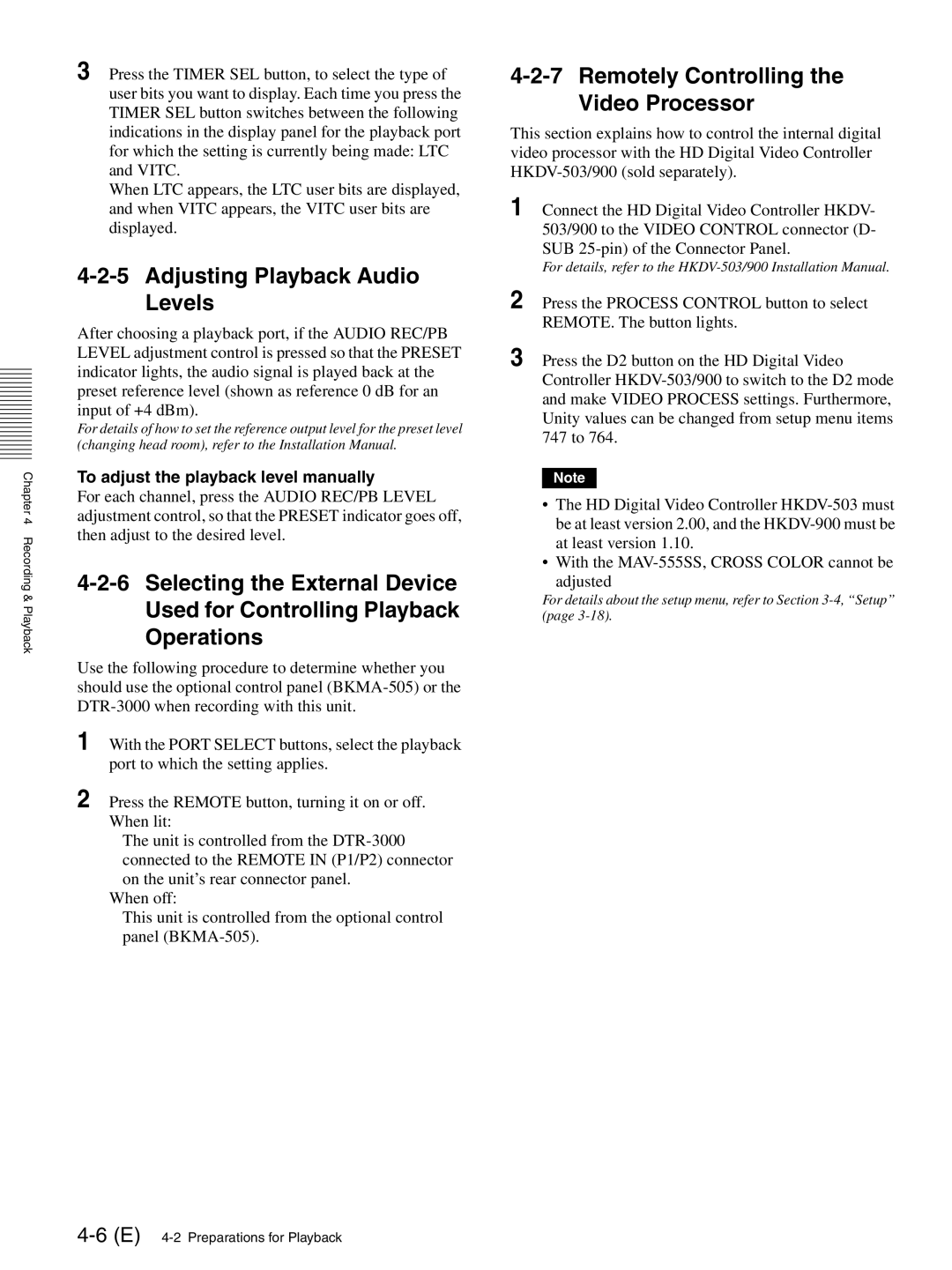 Sony MAV-555SS operation manual Adjusting Playback Audio Levels, Remotely Controlling Video Processor 