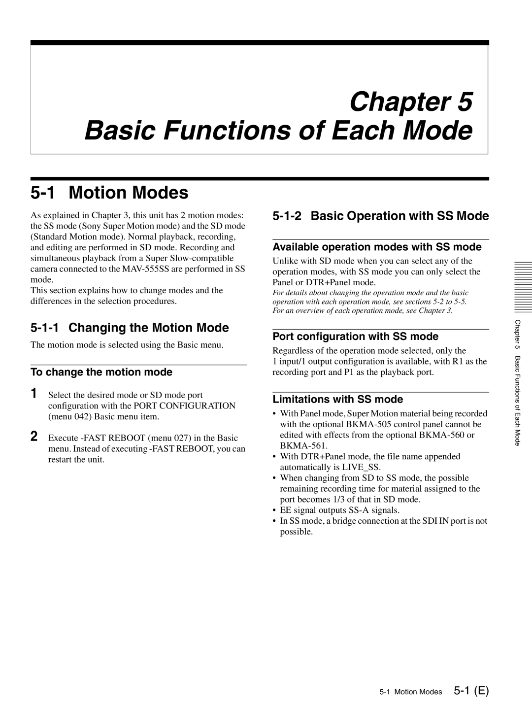 Sony MAV-555SS operation manual Motion Modes, Basic Operation with SS Mode, Changing the Motion Mode 