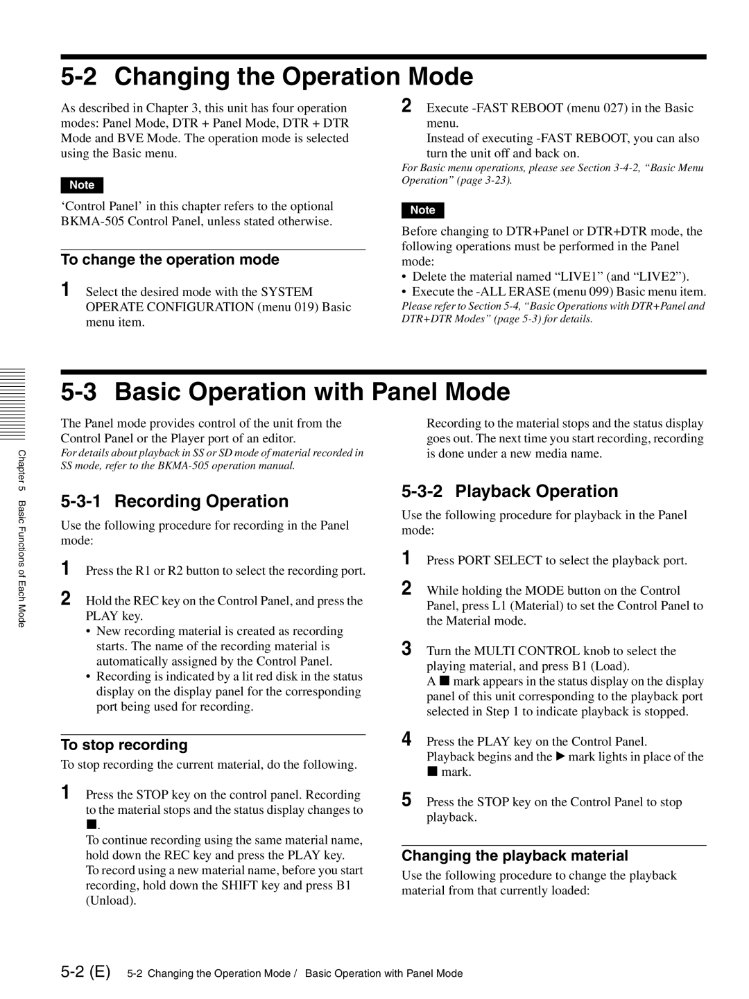 Sony MAV-555SS Changing the Operation Mode, Basic Operation with Panel Mode, Recording Operation, Playback Operation 