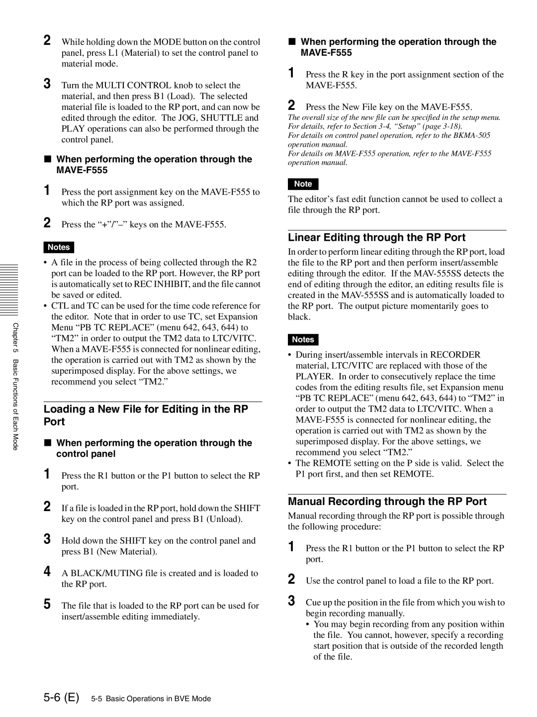 Sony MAV-555SS operation manual Loading a New File for Editing in the RP Port, Linear Editing through the RP Port 