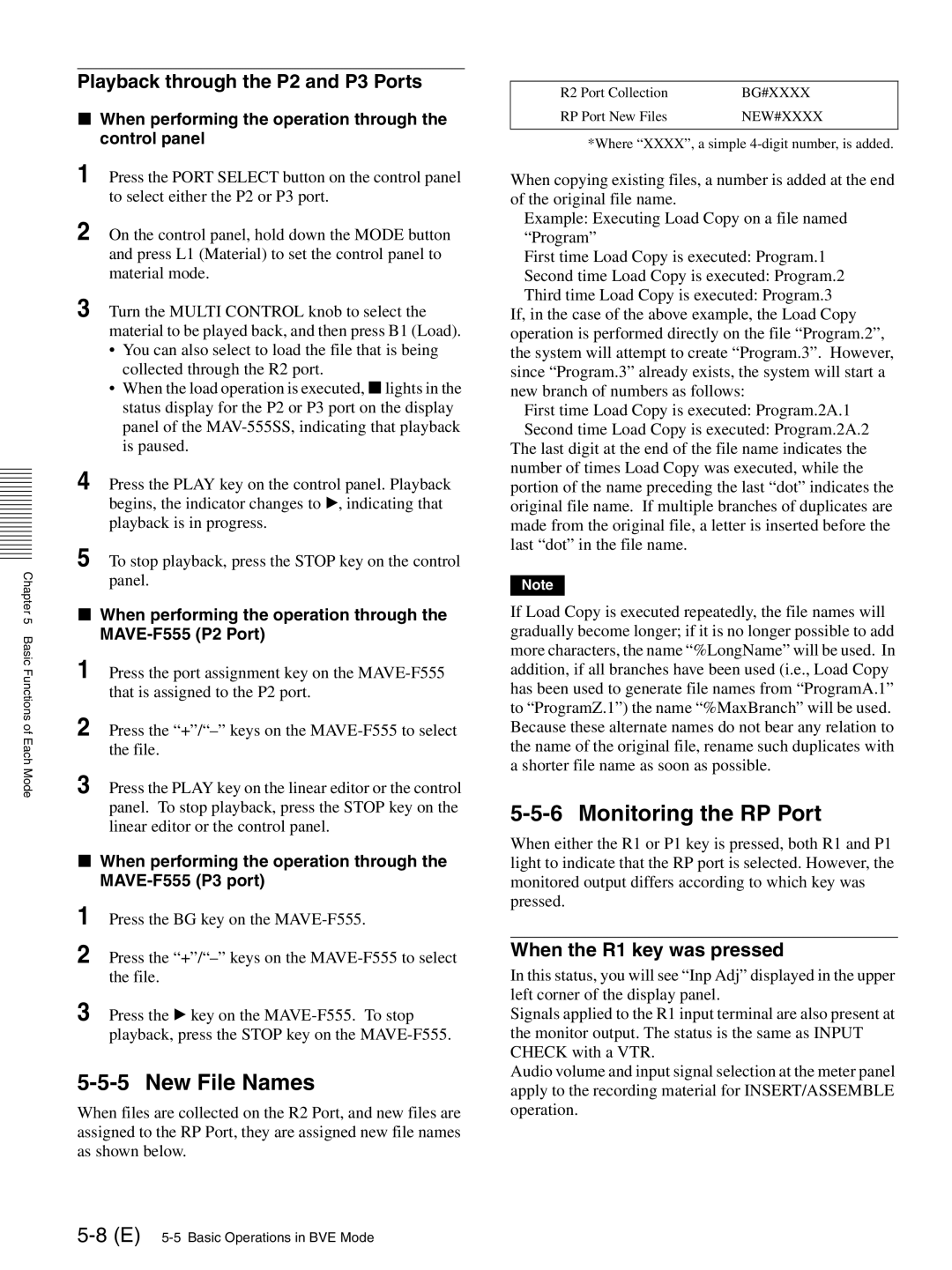 Sony MAV-555SS New File Names, Monitoring the RP Port, Playback through the P2 and P3 Ports, When the R1 key was pressed 