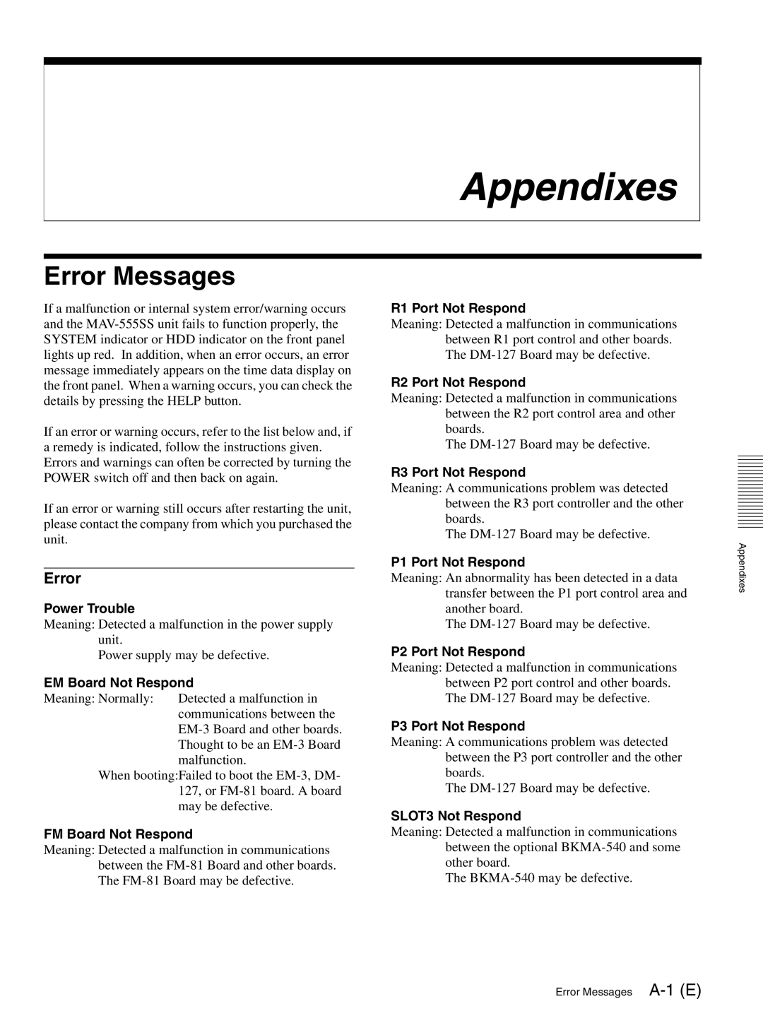 Sony MAV-555SS operation manual Error Messages 