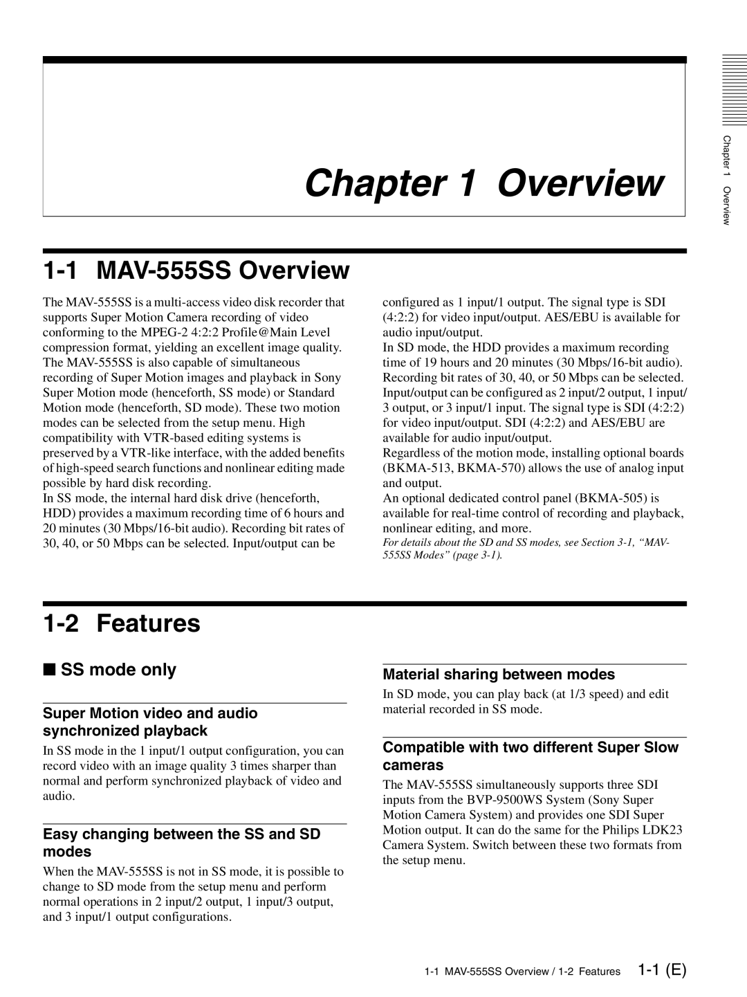 Sony operation manual MAV-555SS Overview, Features, SS mode only 