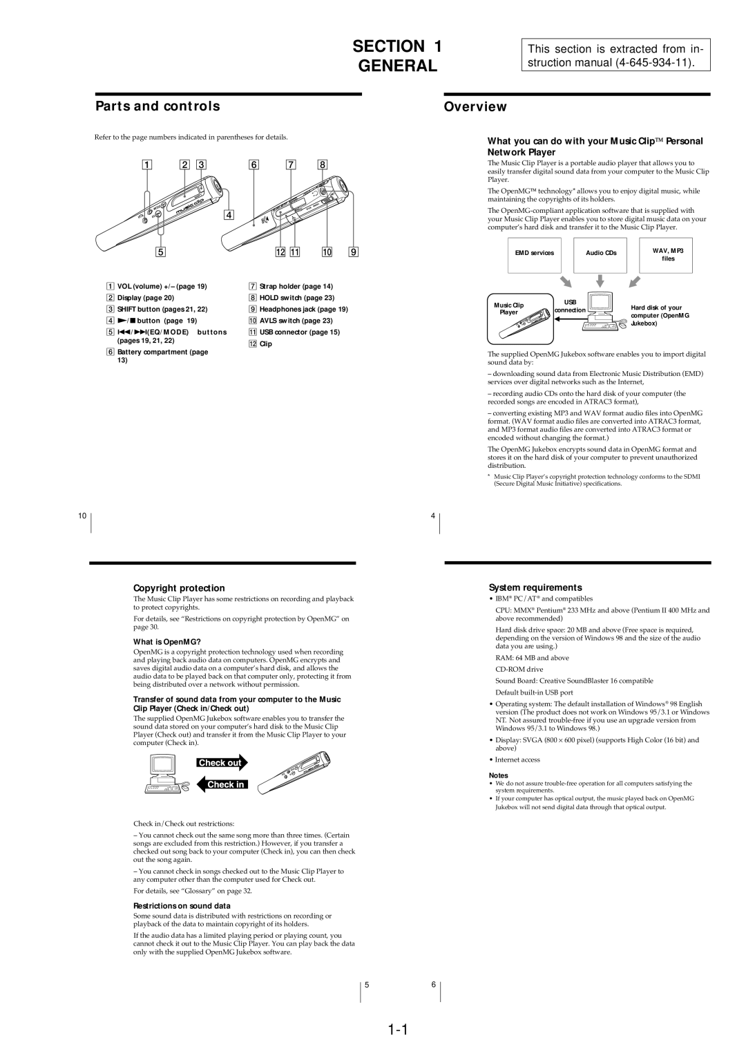 Sony MC-P10/B service manual Parts and controls Overview, Copyright protection, System requirements, What is OpenMG? 