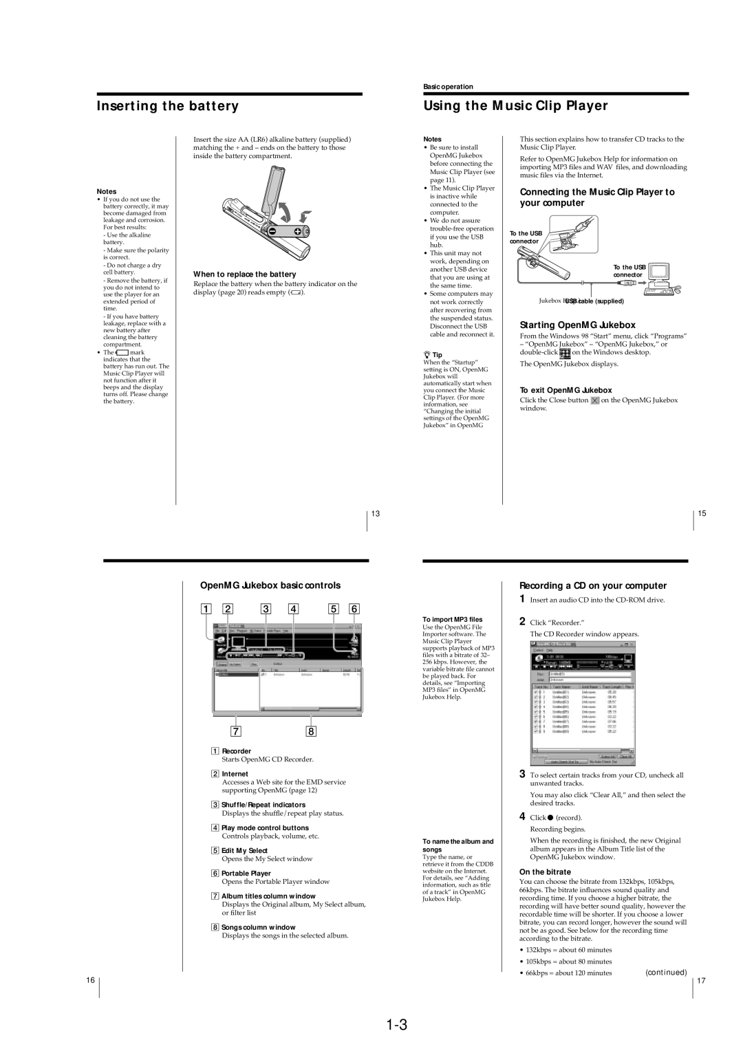Sony MC-P10/B service manual Inserting the battery, Using the Music Clip Player 