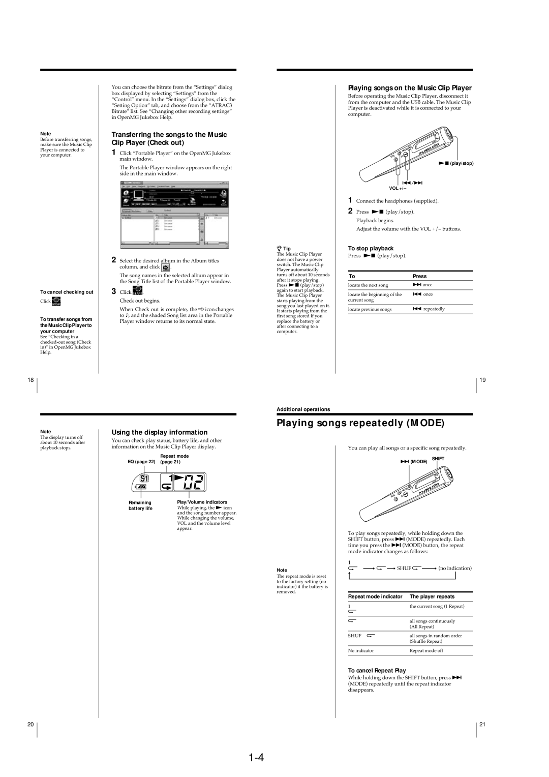 Sony MC-P10/B service manual Playing songs repeatedly Mode, Transferring the songs to the Music Clip Player Check out 