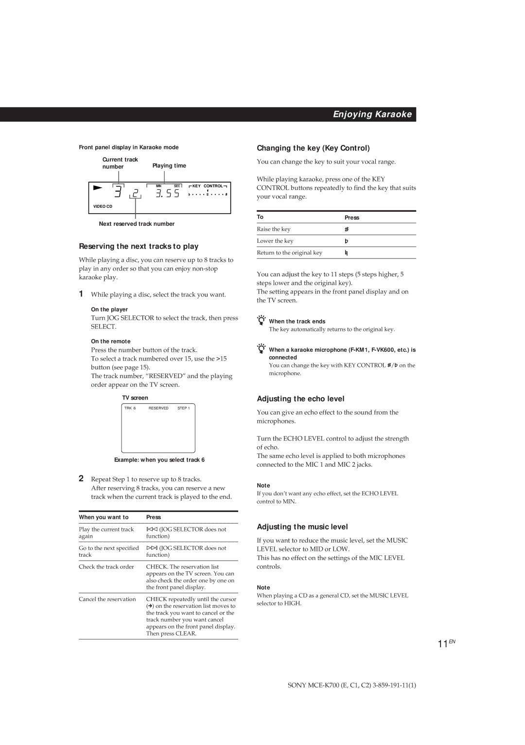 Sony MCE-K700 manual 11EN, Reserving the next tracks to play, Changing the key Key Control, Adjusting the echo level 