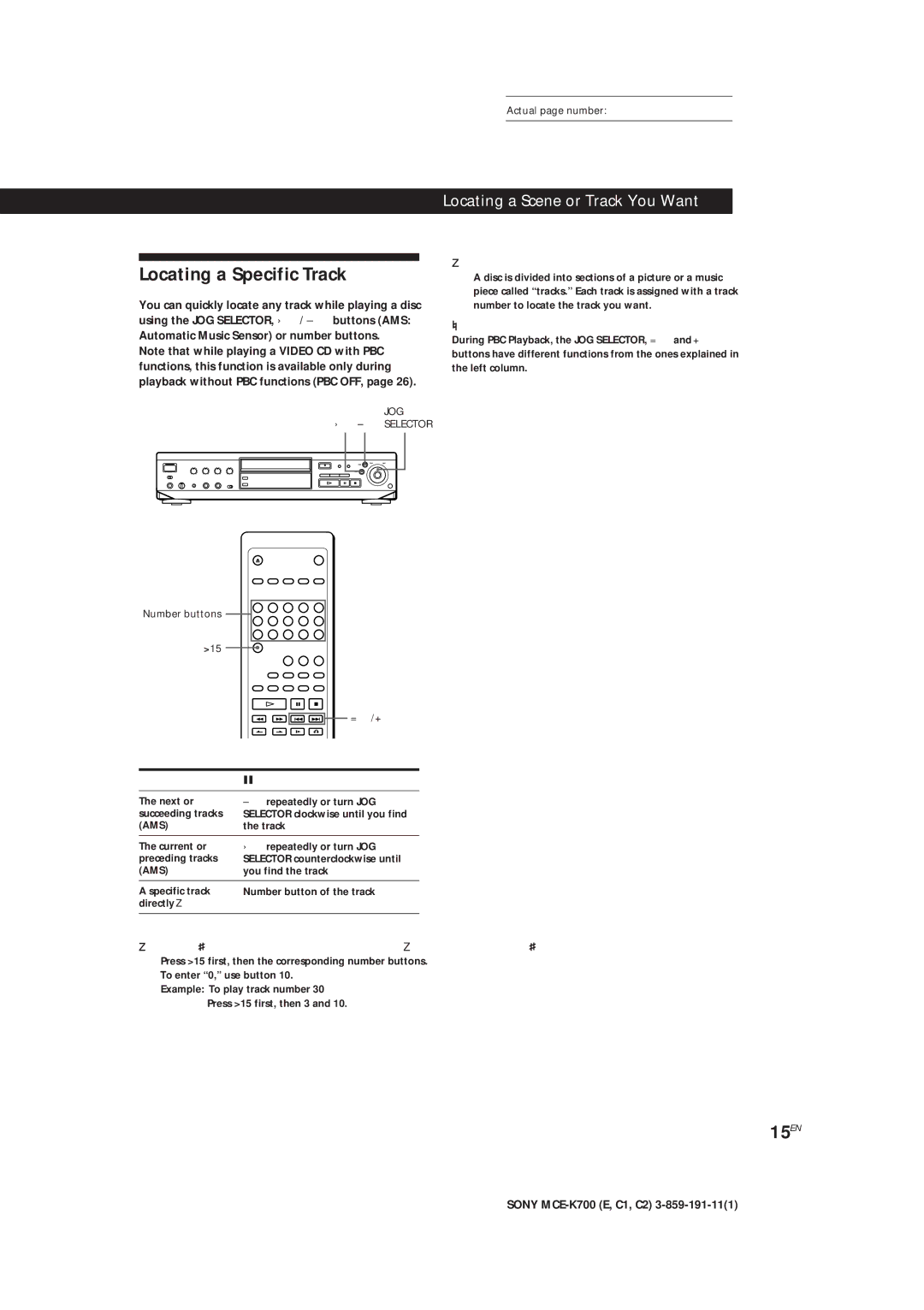 Sony MCE-K700 manual Locating a Specific Track, 15EN, To locate Press, When you directly locate a track numbered over 15 Z 