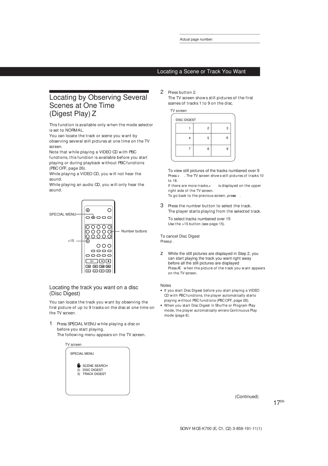 Sony MCE-K700 17EN, Locating the track you want on a disc Disc Digest, To view still pictures of the tracks numbered over 
