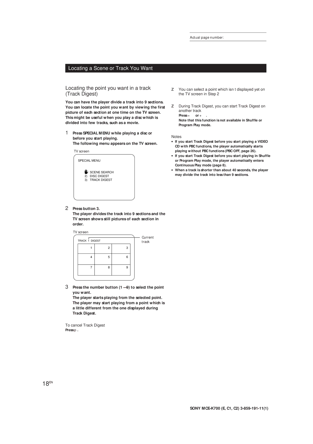 Sony MCE-K700 manual 18EN, Locating the point you want in a track Track Digest, To cancel Track Digest 