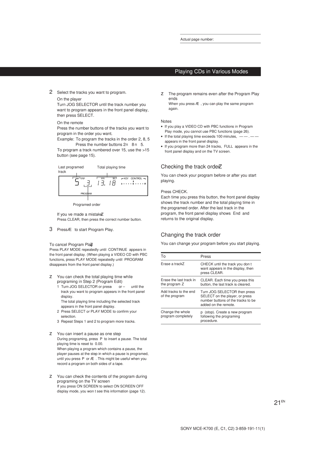 Sony MCE-K700 manual 21EN, Checking the track order Z, Changing the track order 