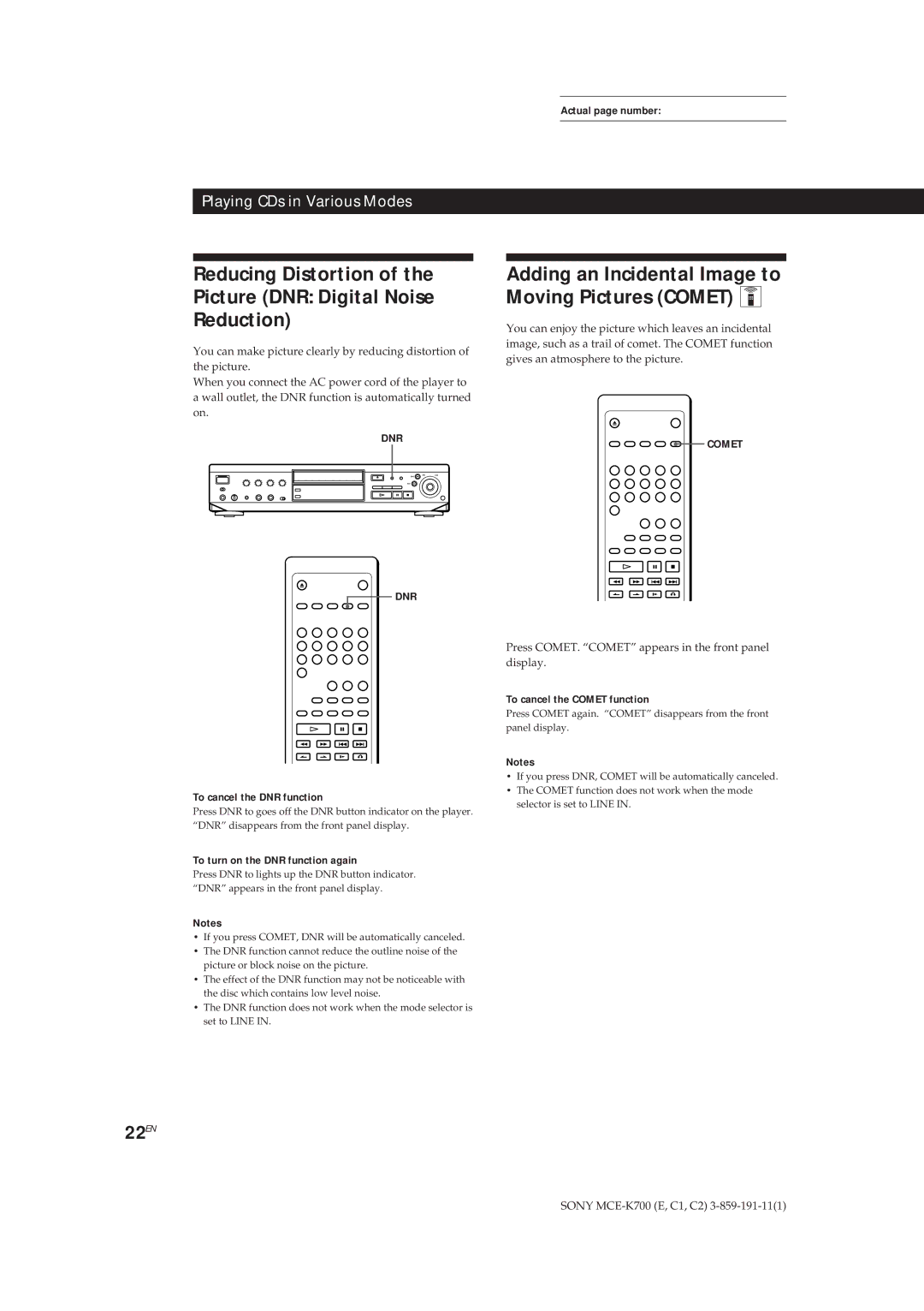 Sony MCE-K700 manual Reducing Distortion Picture DNR Digital Noise Reduction, 22EN, To cancel the DNR function 