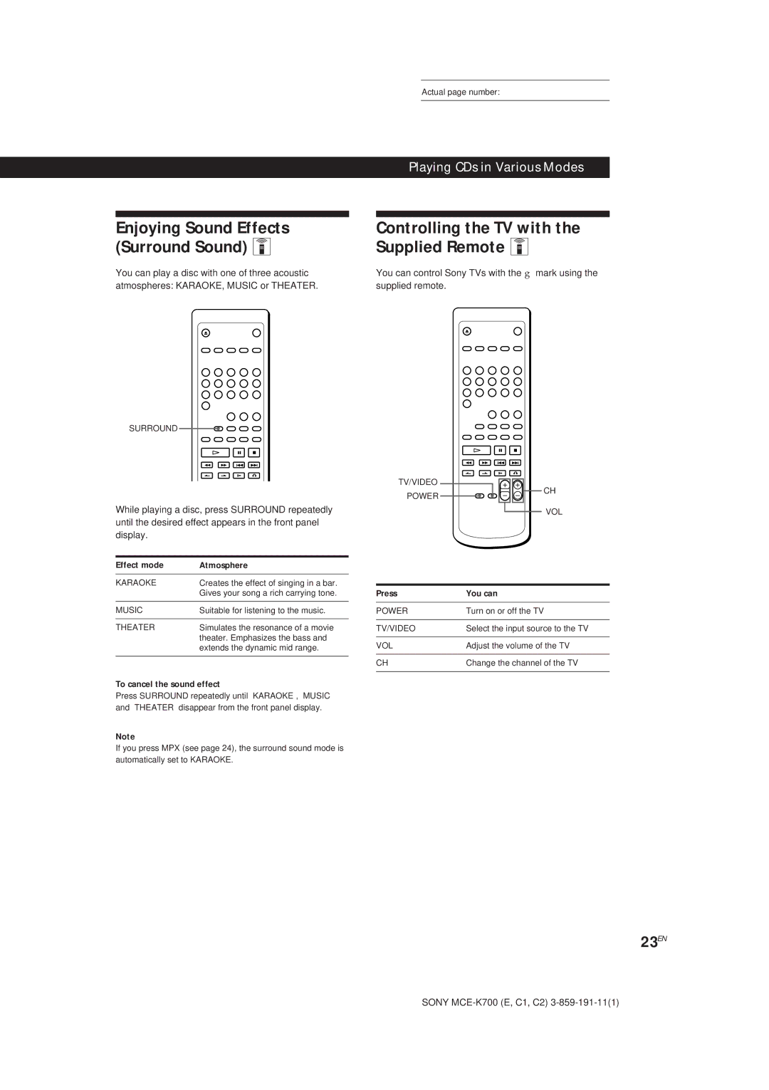 Sony MCE-K700 Controlling the TV with the Supplied Remote Z, 23EN, Effect mode Atmosphere, To cancel the sound effect 