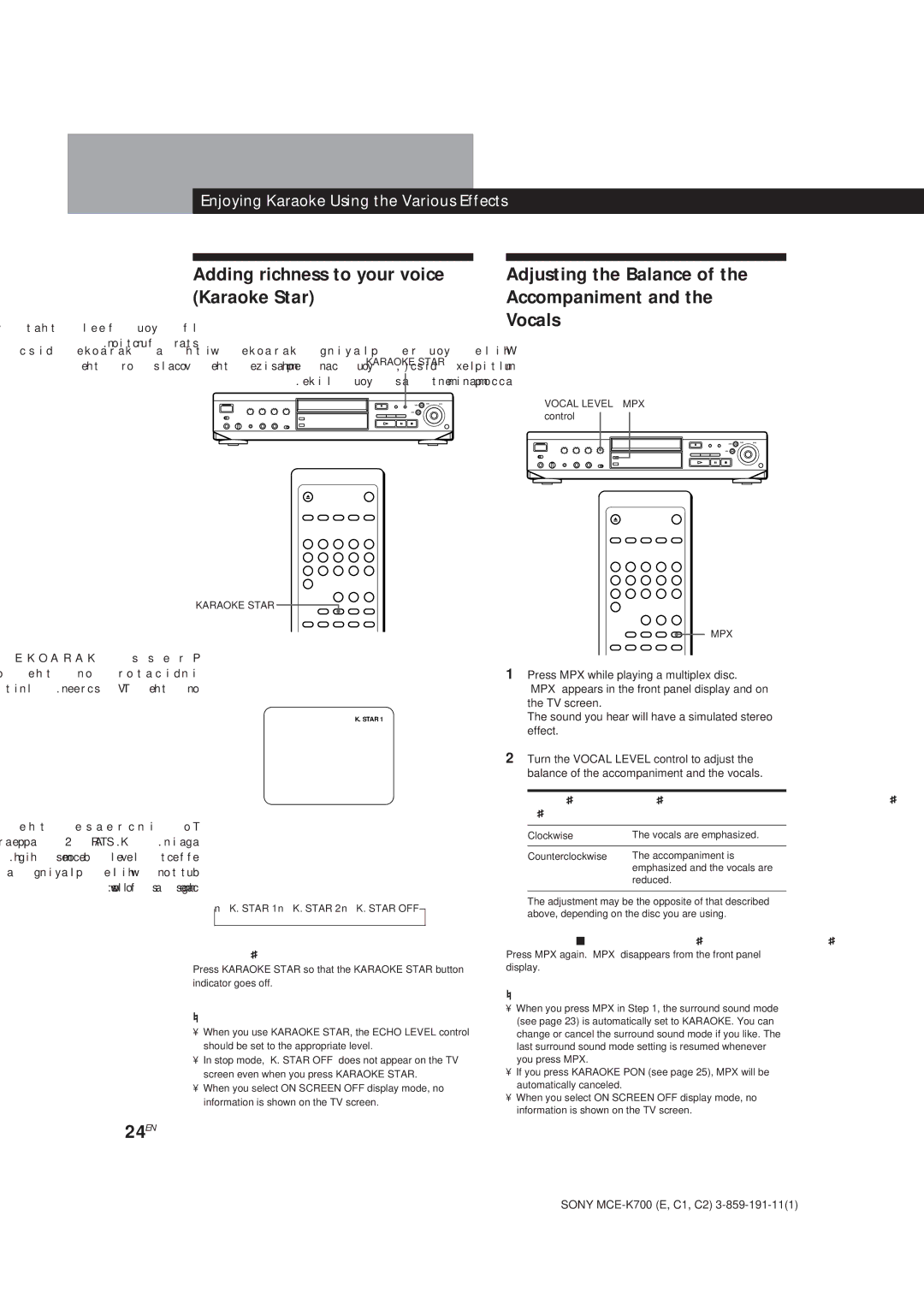 Sony MCE-K700 manual Karaoke Star Accompaniment, Vocals, 24EN 