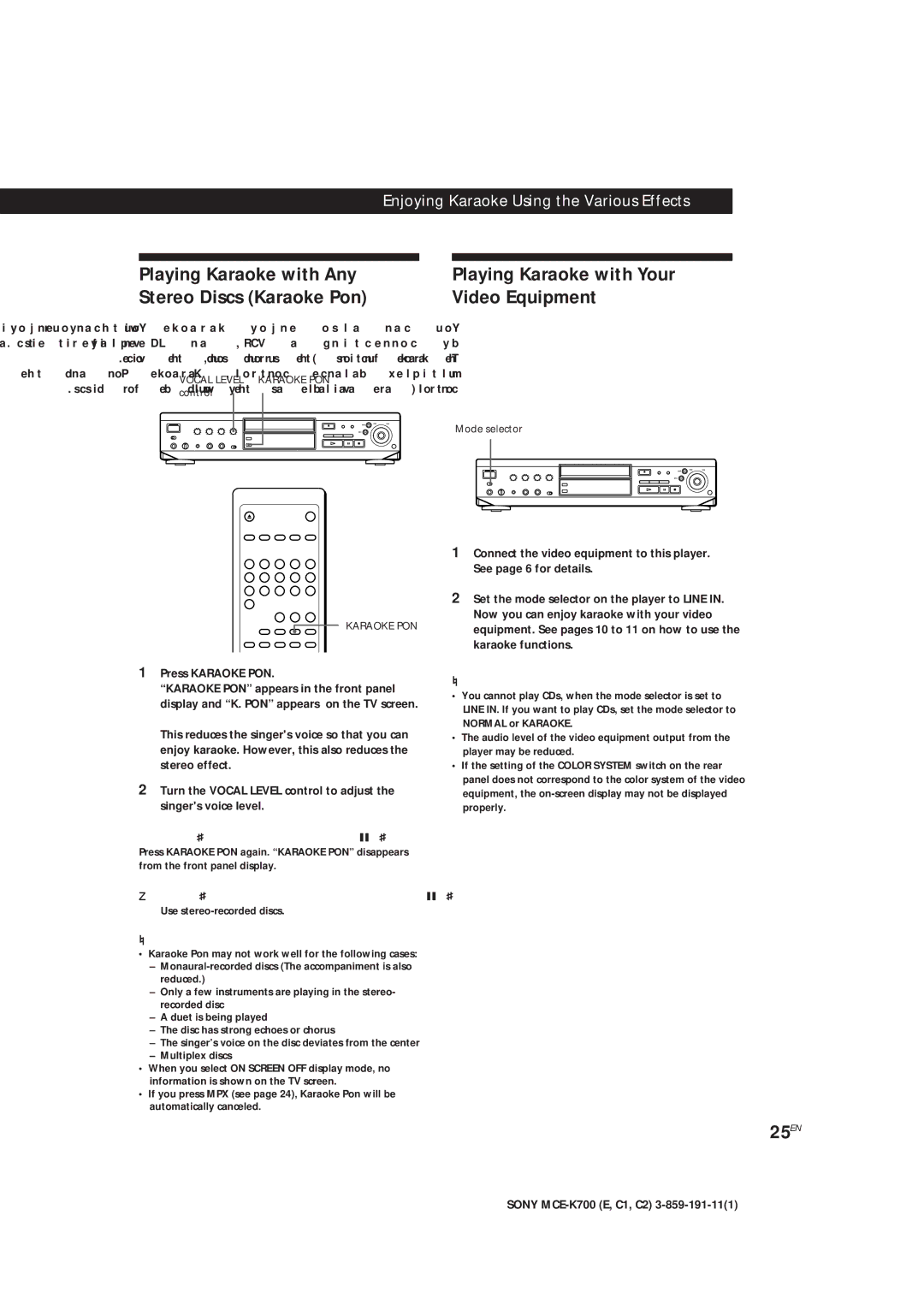 Sony MCE-K700 manual Playing Karaoke with Your, Video Equipment, 25EN, To cancel Karaoke Pon, When you use Karaoke Pon 