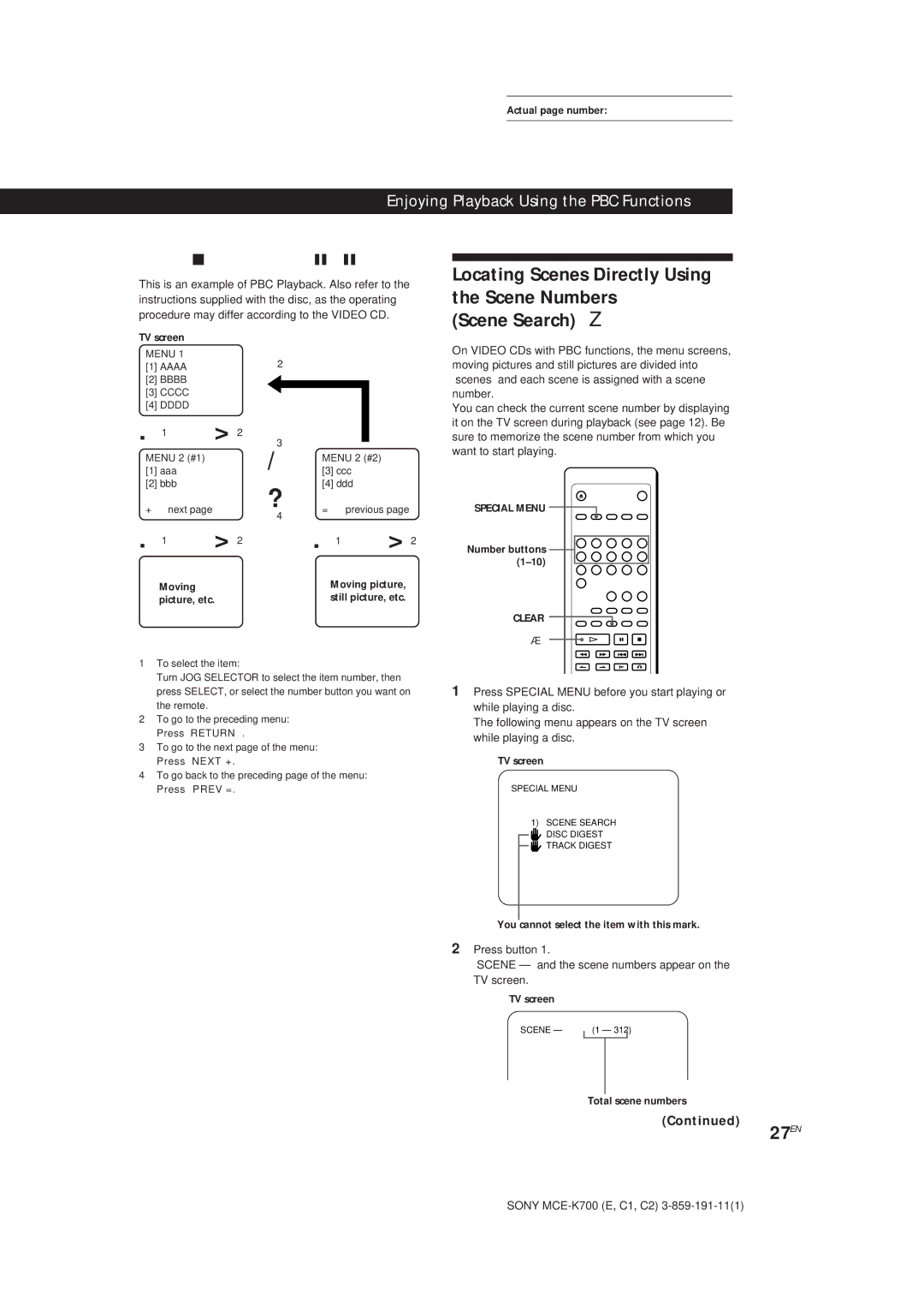 Sony MCE-K700 manual Locating Scenes Directly Using Scene Numbers Scene Search Z, 27EN, Example of PBC Playback 