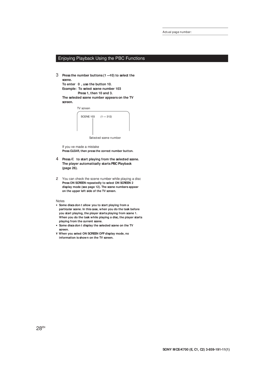 Sony MCE-K700 28EN, If you’ve made a mistake, You can check the scene number while playing a disc, Selected scene number 