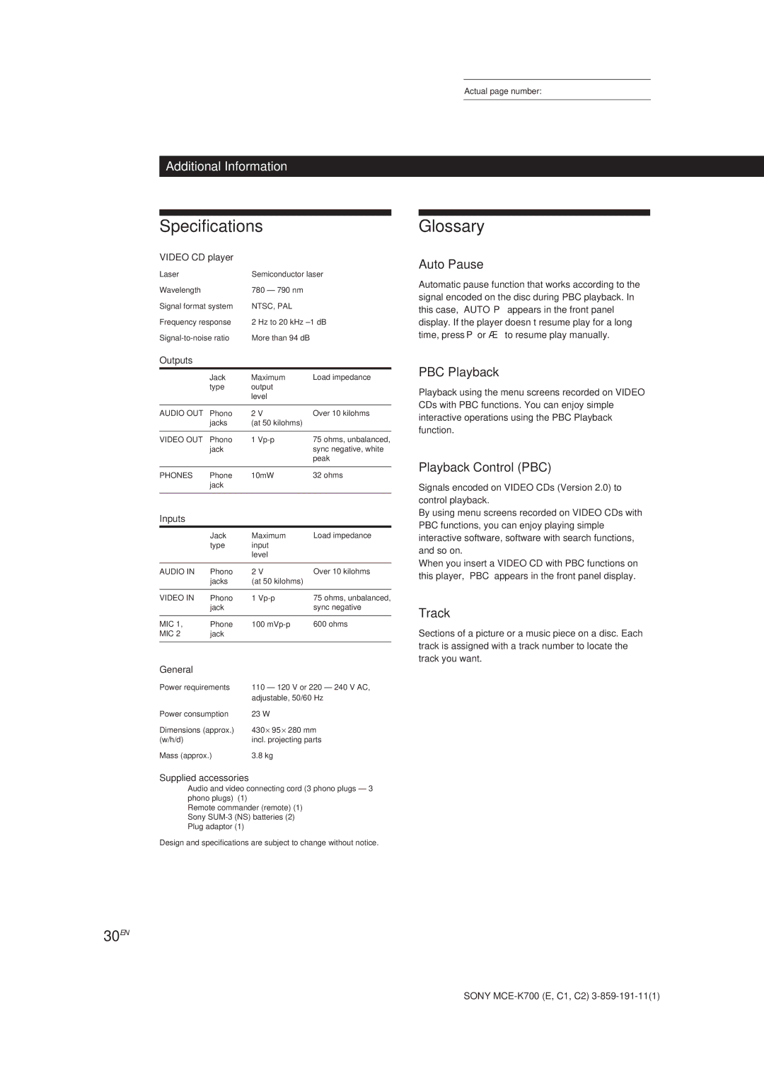 Sony MCE-K700 manual SpecificationsGlossary, 30EN 