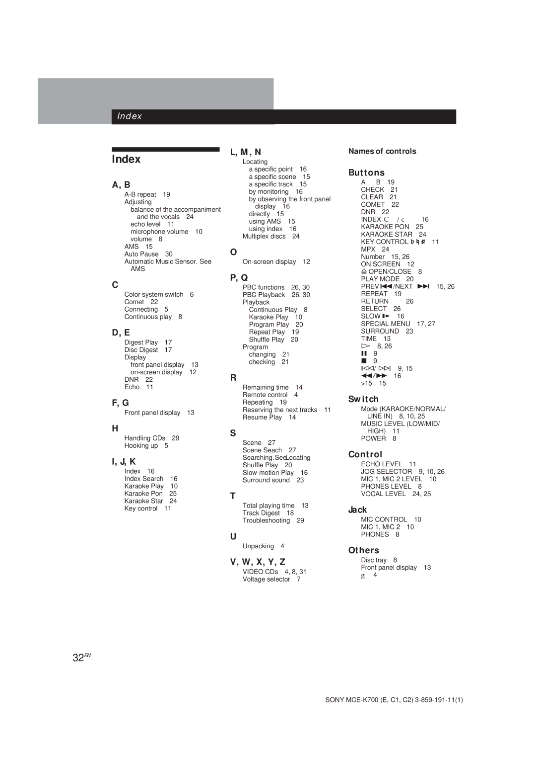 Sony MCE-K700 manual Index, 32EN 