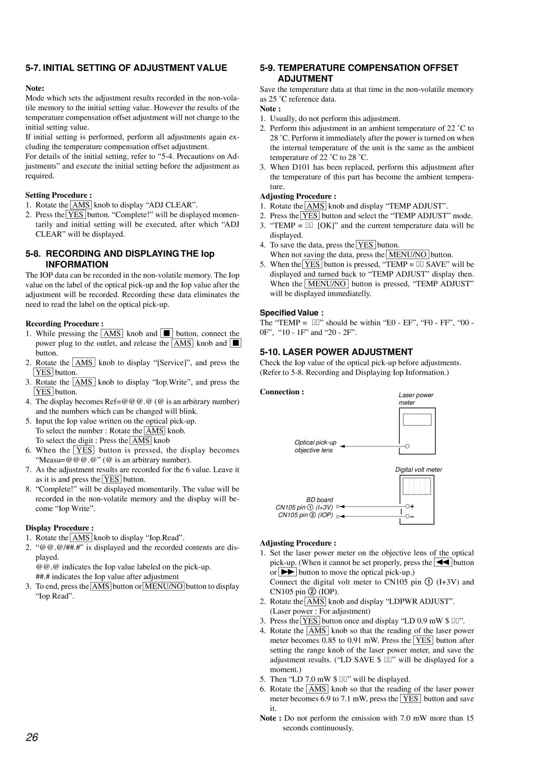 Sony KMS-2608/J1N Initial Setting of Adjustment Value, Temperature Compensation Offset Adjutment, Laser Power Adjustment 