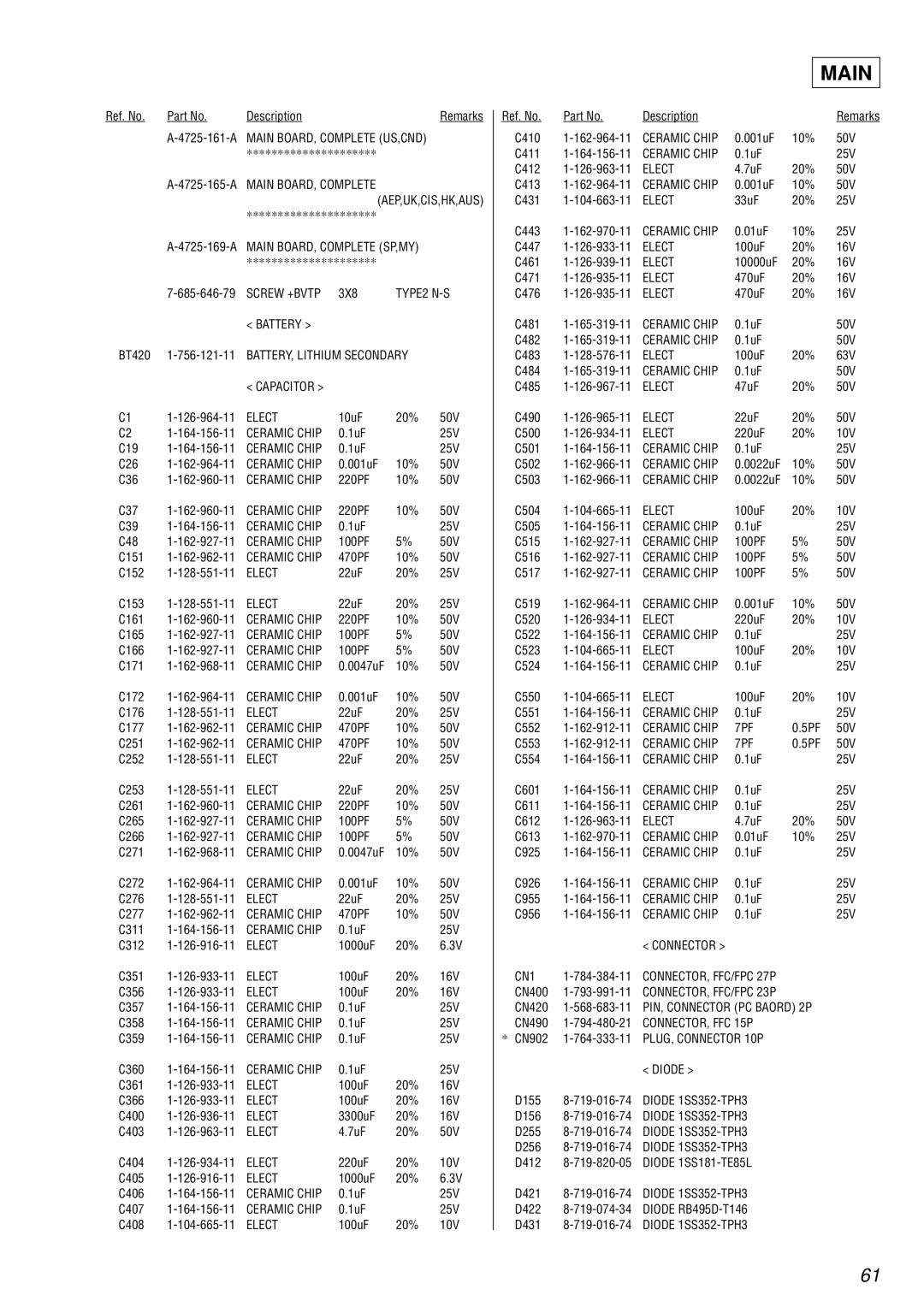 Sony NEW, MDM-7A, KMS-2608/J1N specifications Main, CN1 