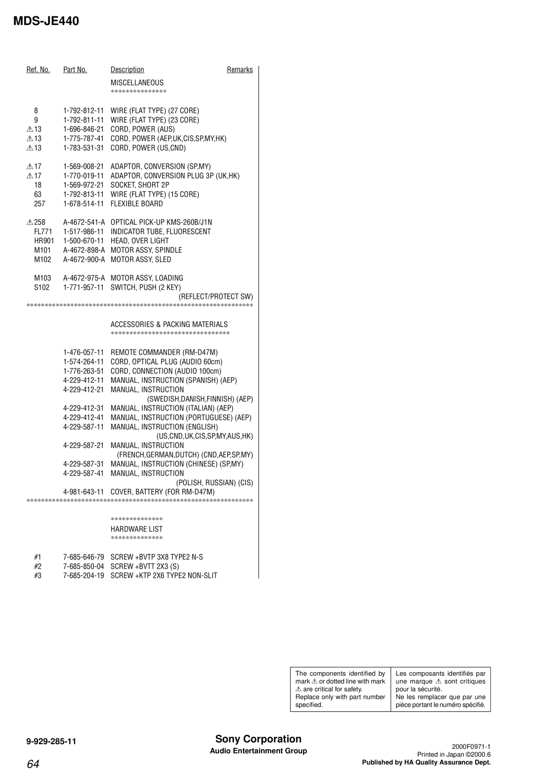 Sony NEW, MDM-7A, KMS-2608/J1N specifications Sony Corporation 