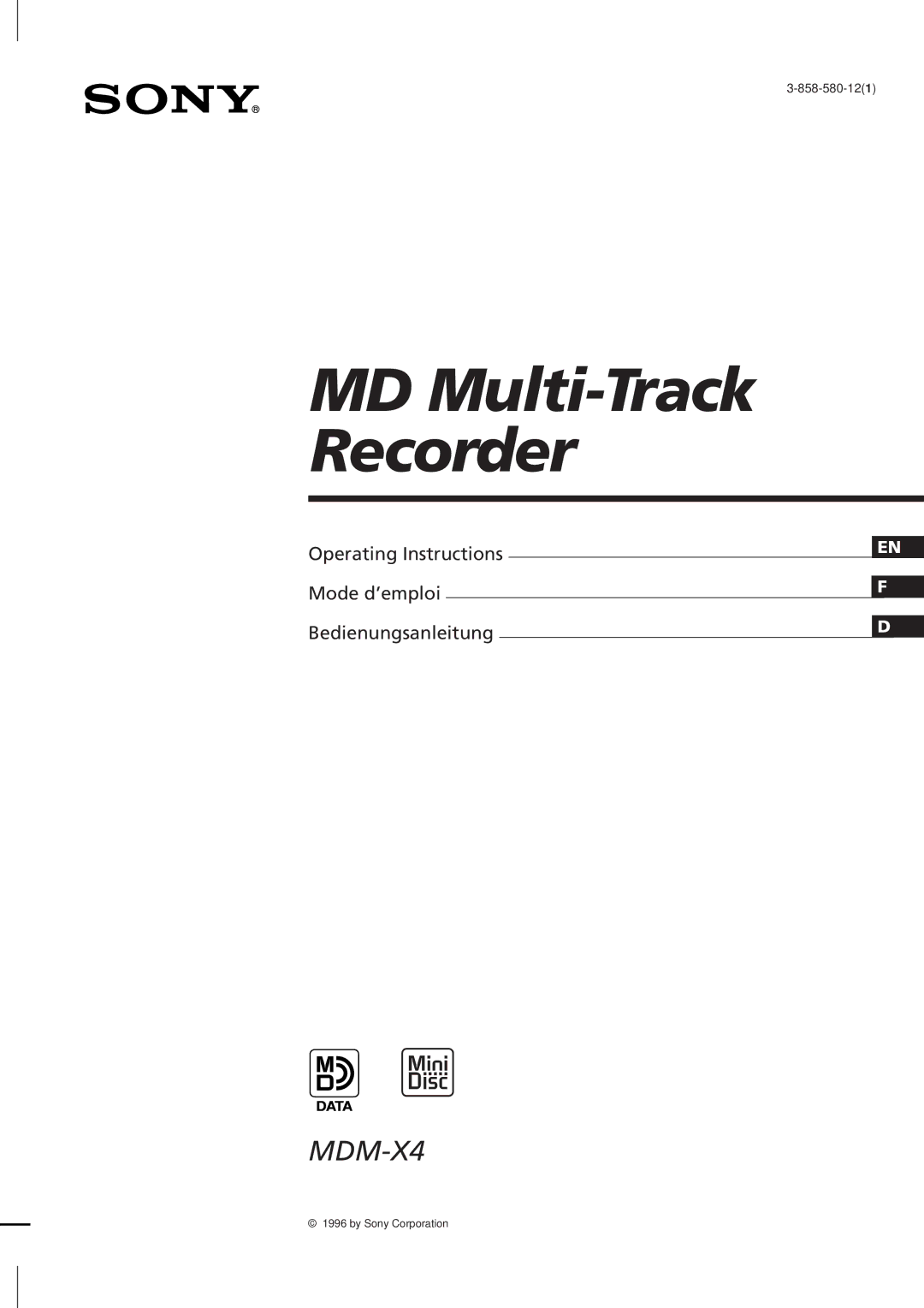 Sony MDM-X4 operating instructions MD Multi-Track Recorder 