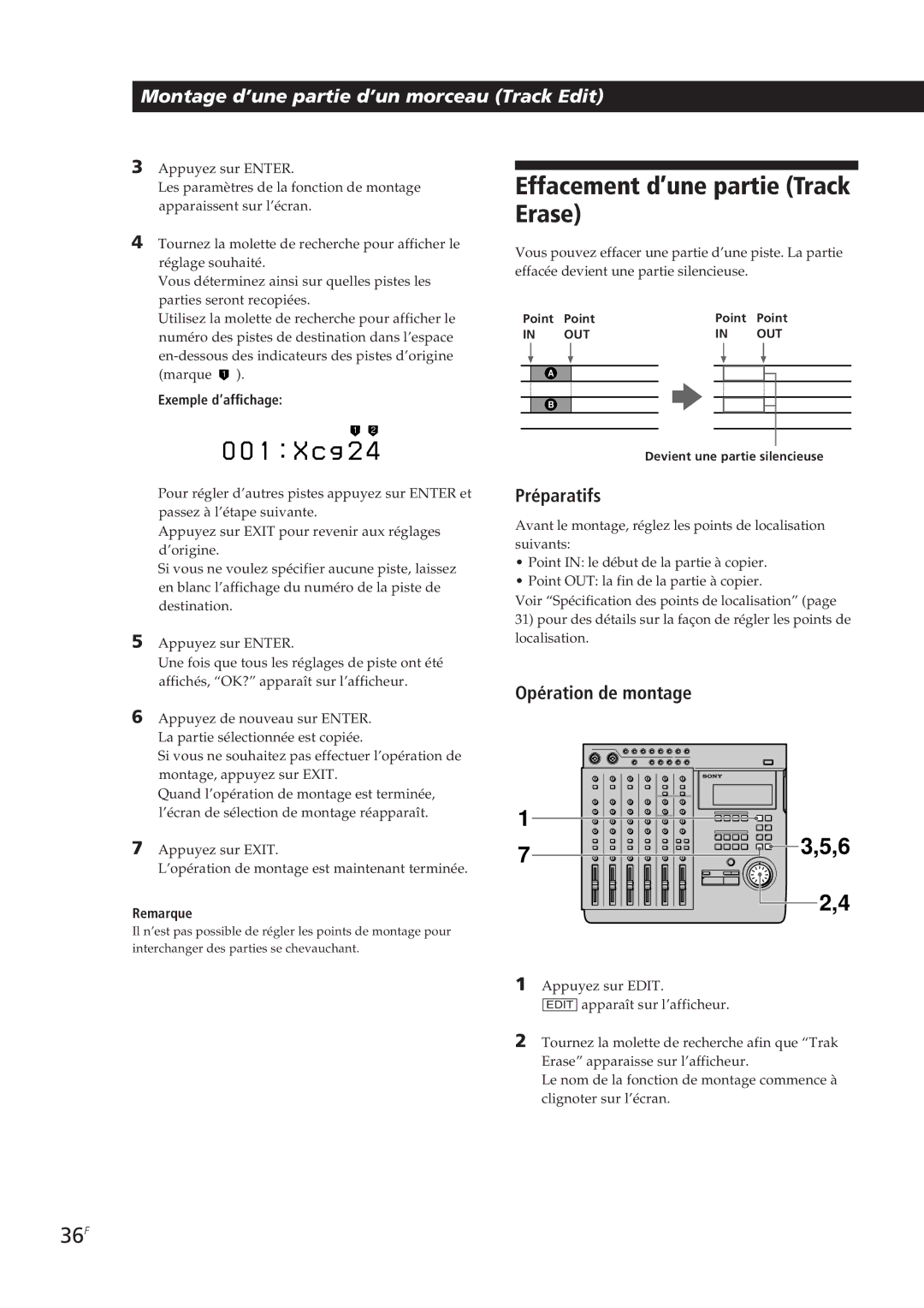 Sony MDM-X4 operating instructions Effacement d’une partie Track, Erase, 36F 