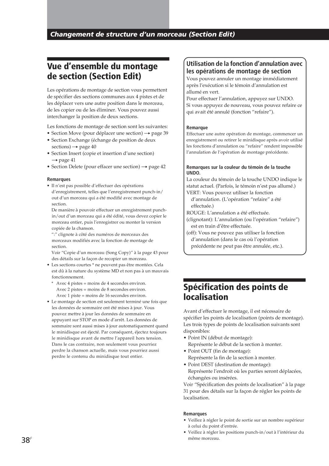 Sony MDM-X4 operating instructions Vue d’ensemble du montage de section Section Edit, 38F 