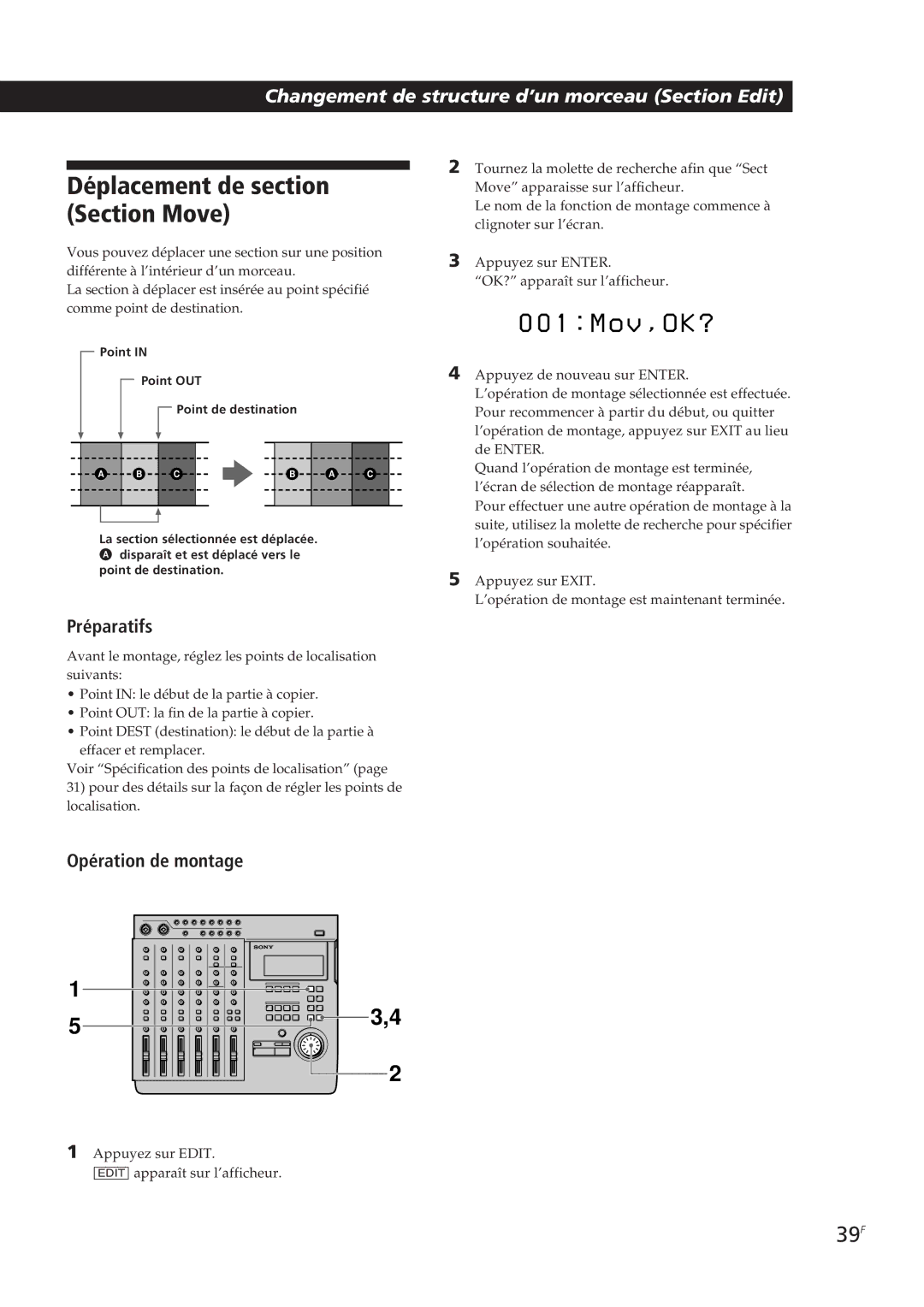 Sony MDM-X4 operating instructions Déplacement de section, Section Move, 39F 