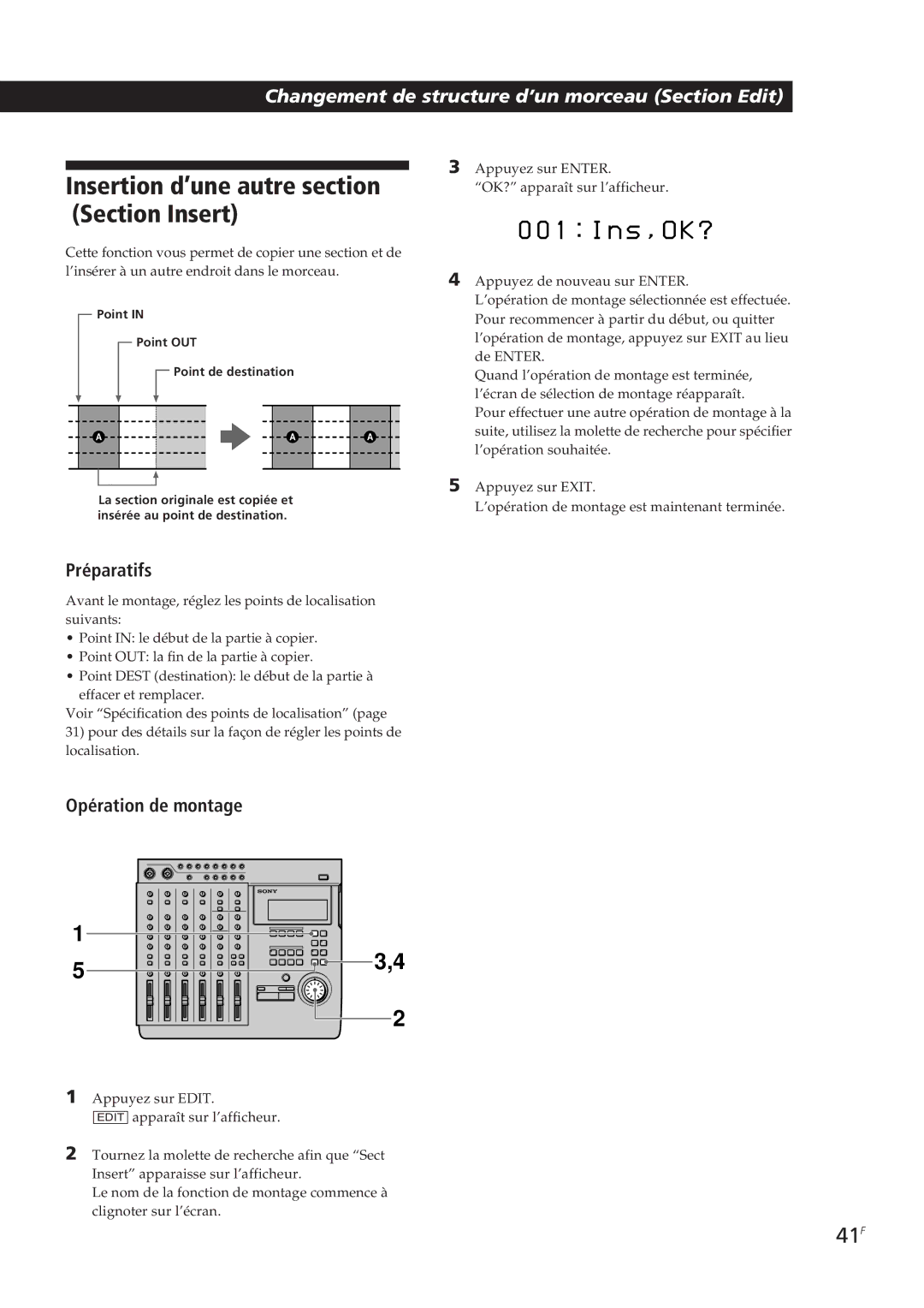 Sony MDM-X4 operating instructions Insertion d’une autre section, 41F 