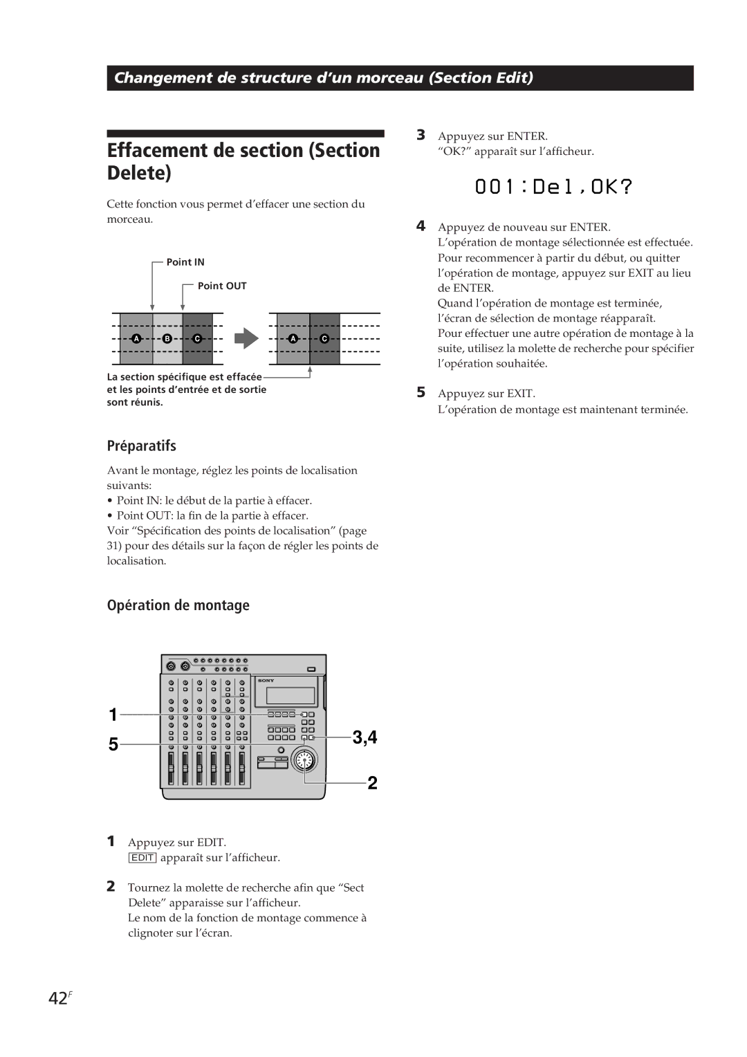 Sony MDM-X4 operating instructions Effacement de section Section, 42F 