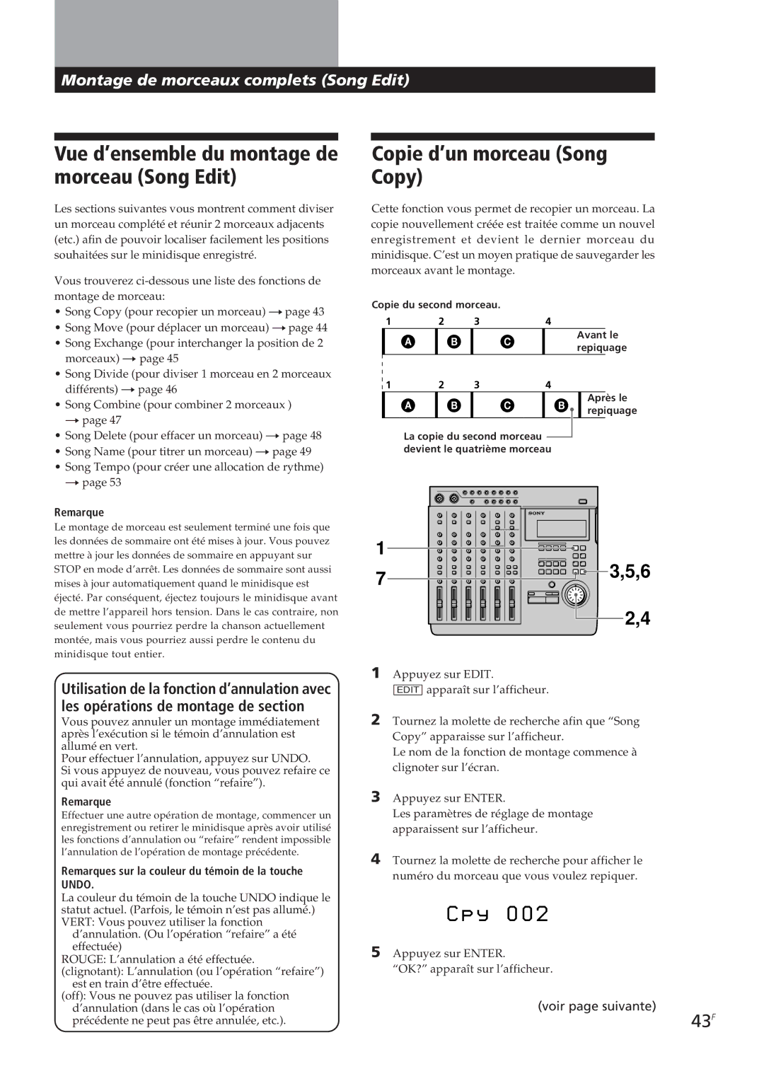 Sony MDM-X4 operating instructions Vue d’ensemble du montage de morceau Song Edit, Copie d’un morceau Song Copy, 43F 