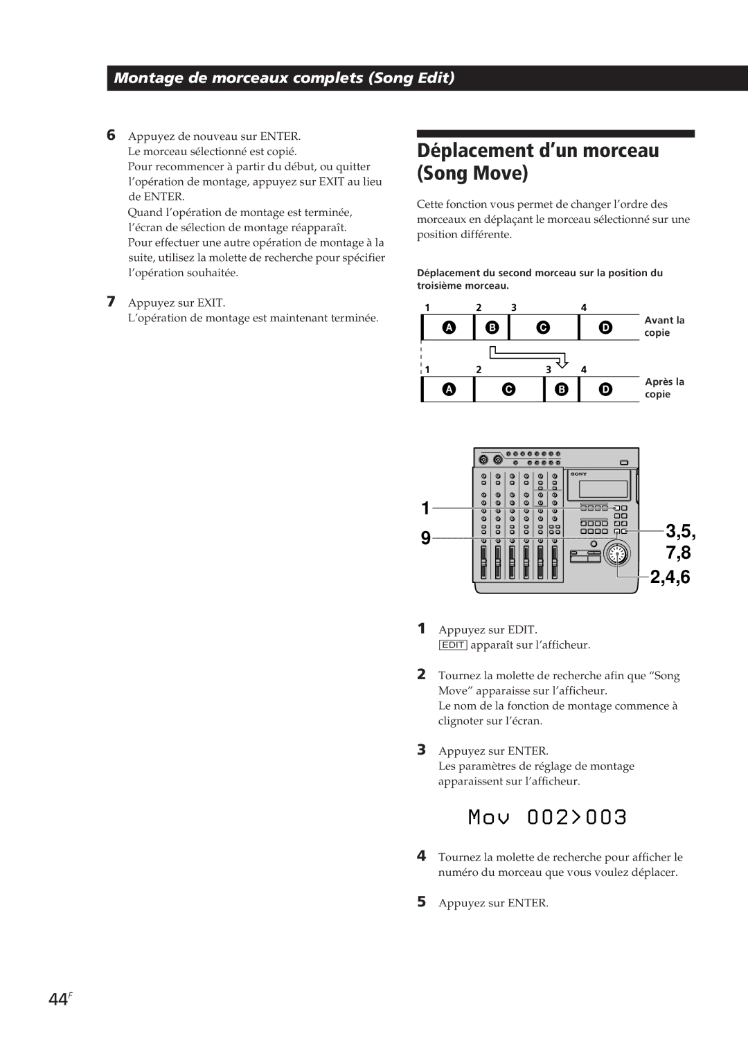 Sony MDM-X4 operating instructions Déplacement d’un morceau Song Move, 44F 