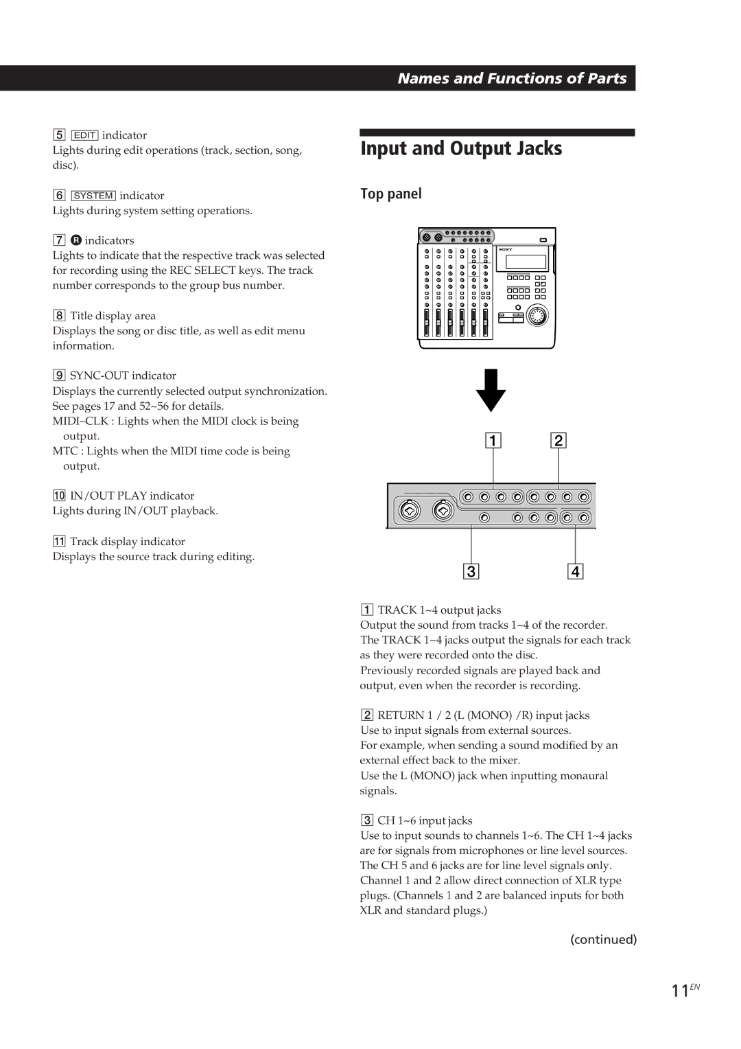 Sony MDM-X4 operating instructions Input and Output Jacks, 11EN, Top panel 