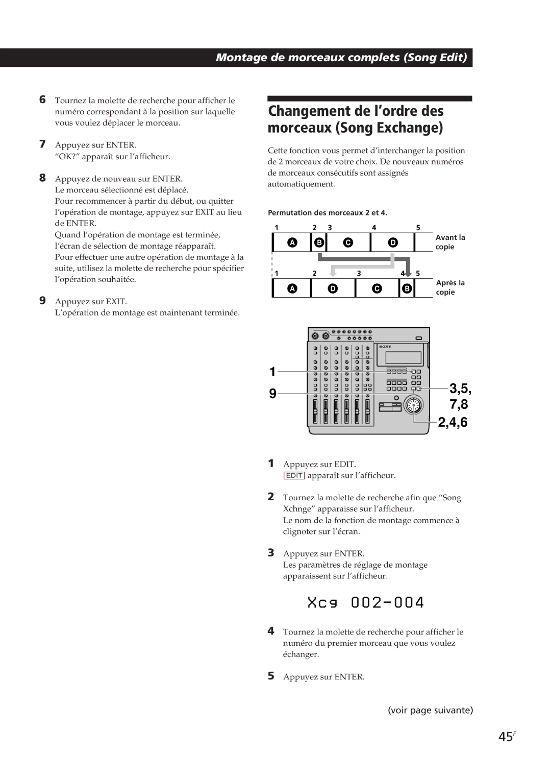 Sony MDM-X4 operating instructions Changement de l’ordre des morceaux Song Exchange, 45F 