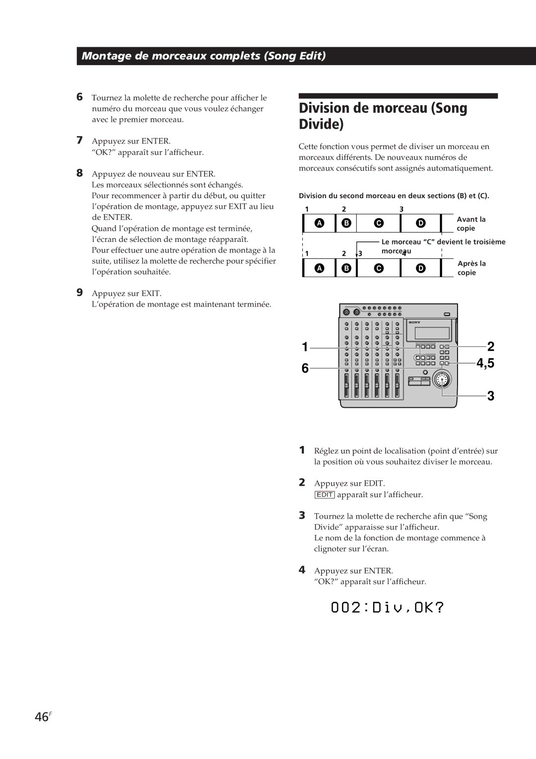 Sony MDM-X4 operating instructions Division de morceau Song Divide, 46F 