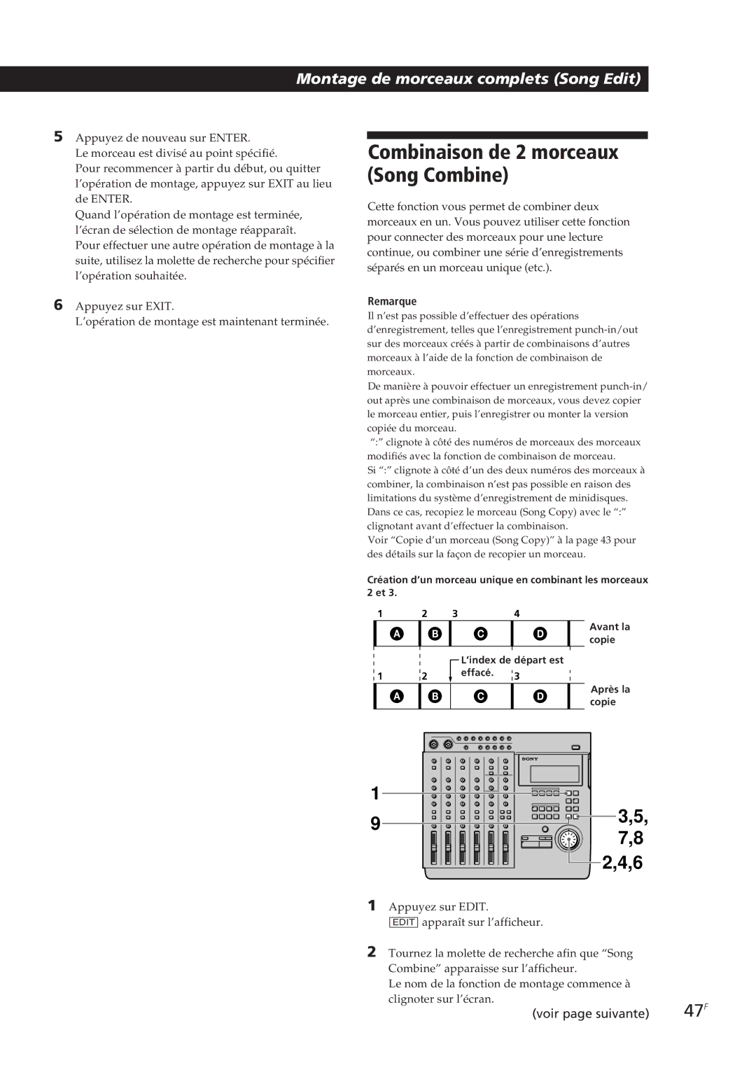 Sony MDM-X4 operating instructions Combinaison de 2 morceaux Song Combine 