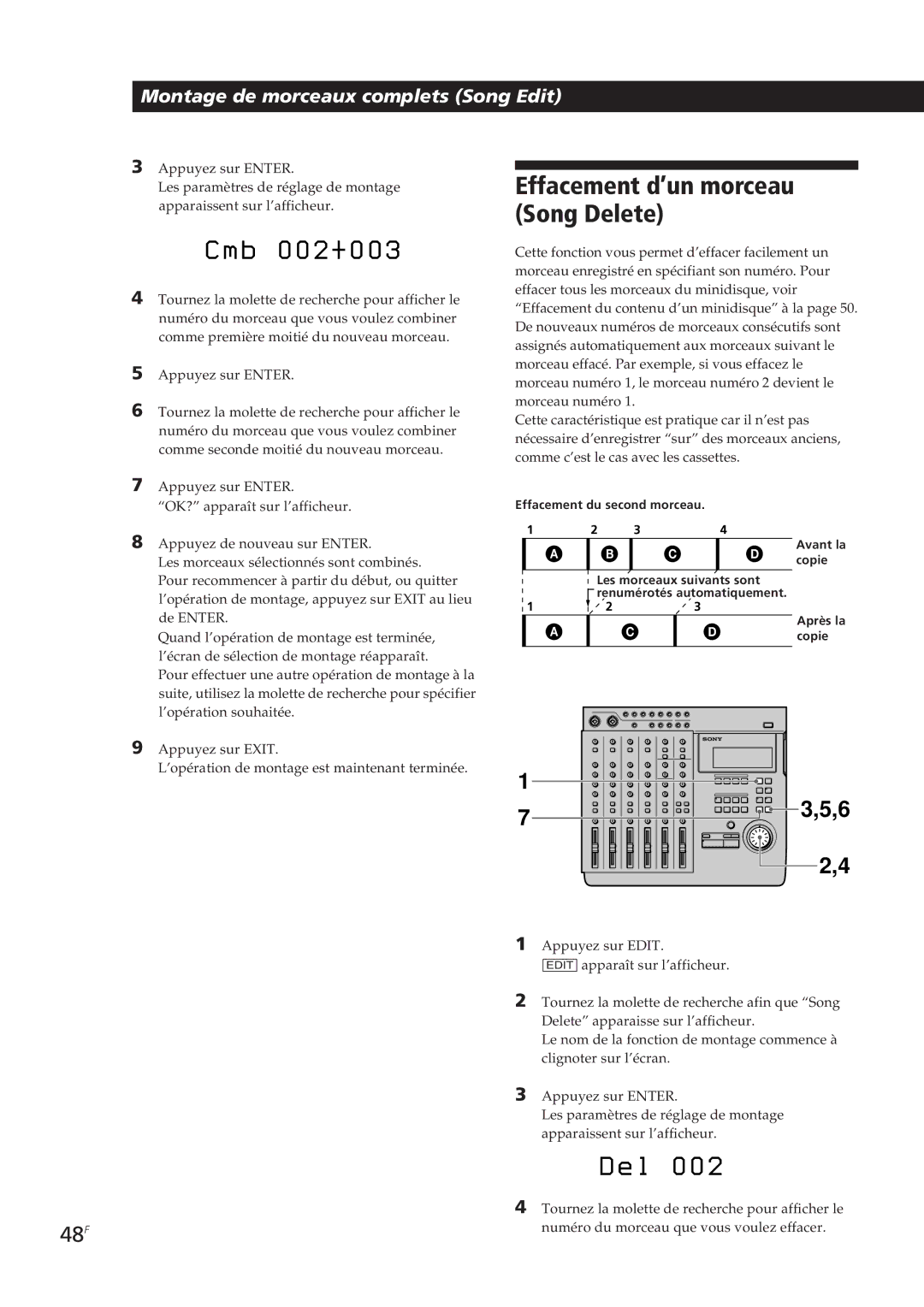 Sony MDM-X4 operating instructions B 0 0 2 + 0 0, Effacement d’un morceau Song Delete, 48F 