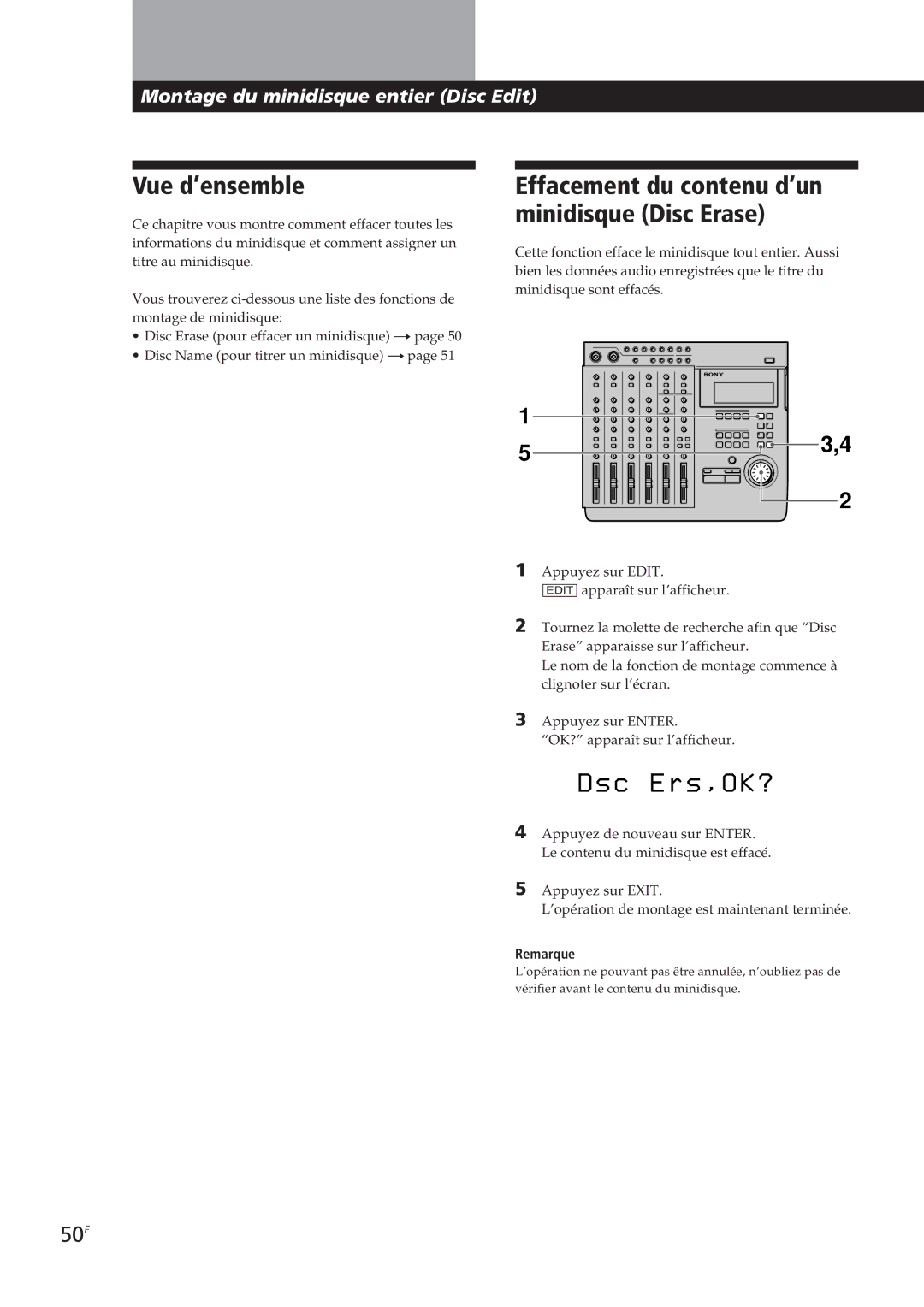 Sony MDM-X4 operating instructions Vue d’ensemble, 50F 