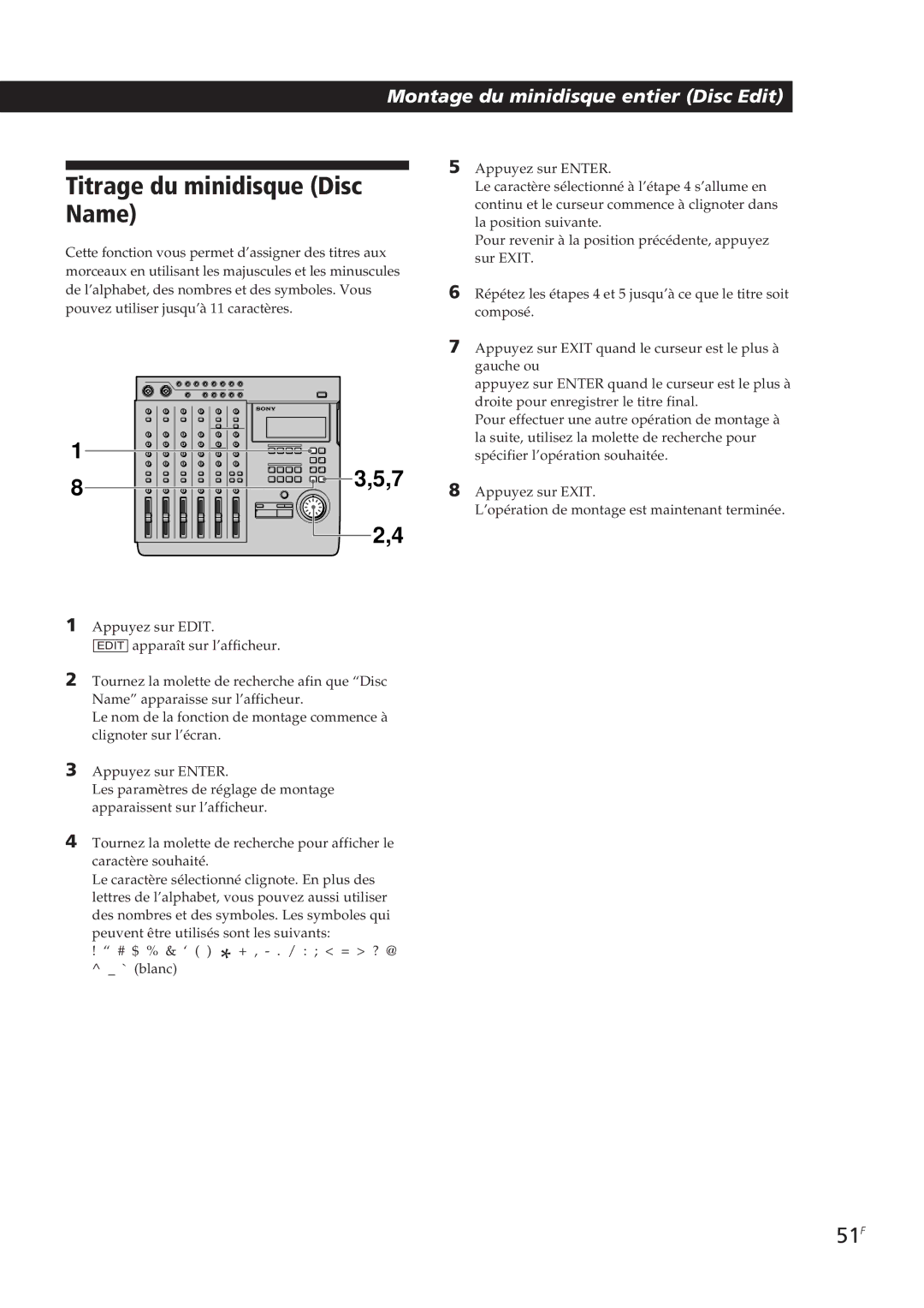 Sony MDM-X4 operating instructions Titrage du minidisque Disc Name, 51F 